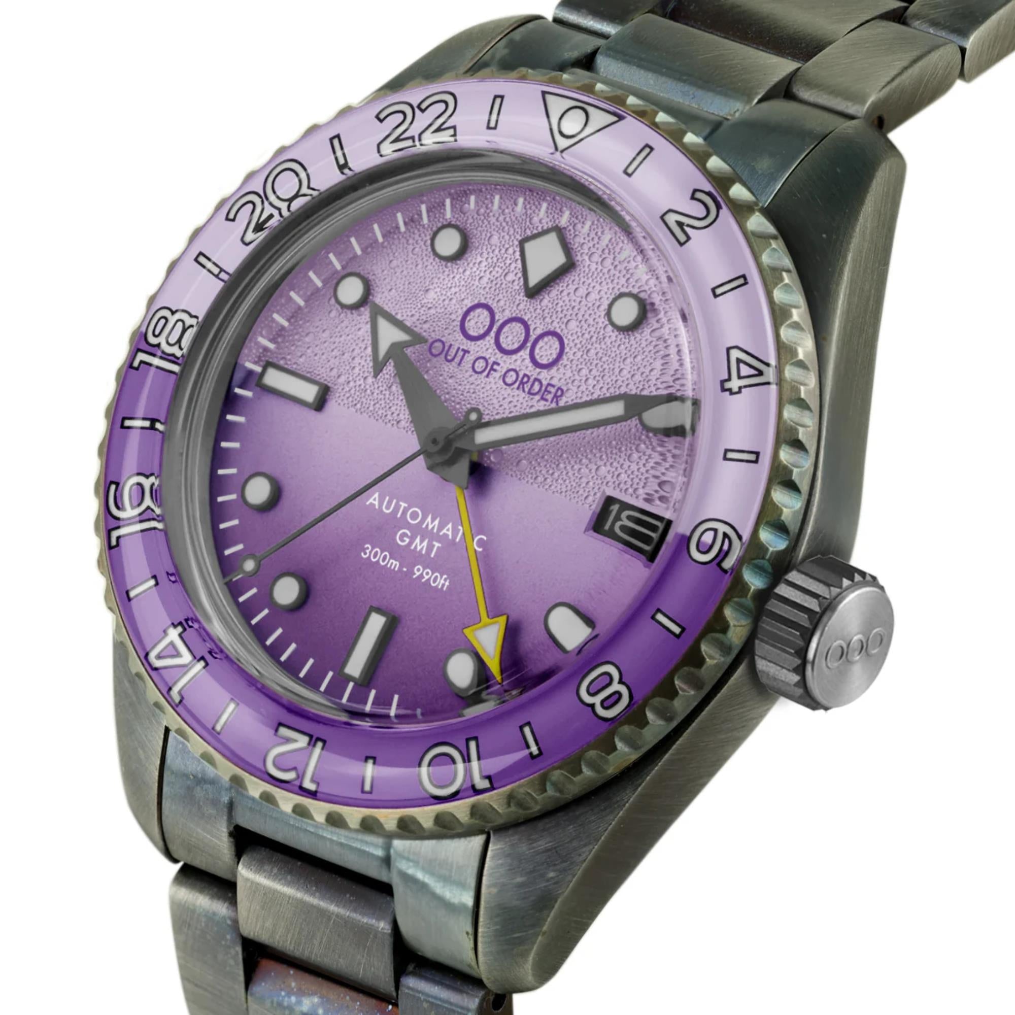 Out Of Order Shaker Automatic GMT Ultra Distressed Purple Dial Steel Strap Men's Watch OOO.001-25.LA.BAND