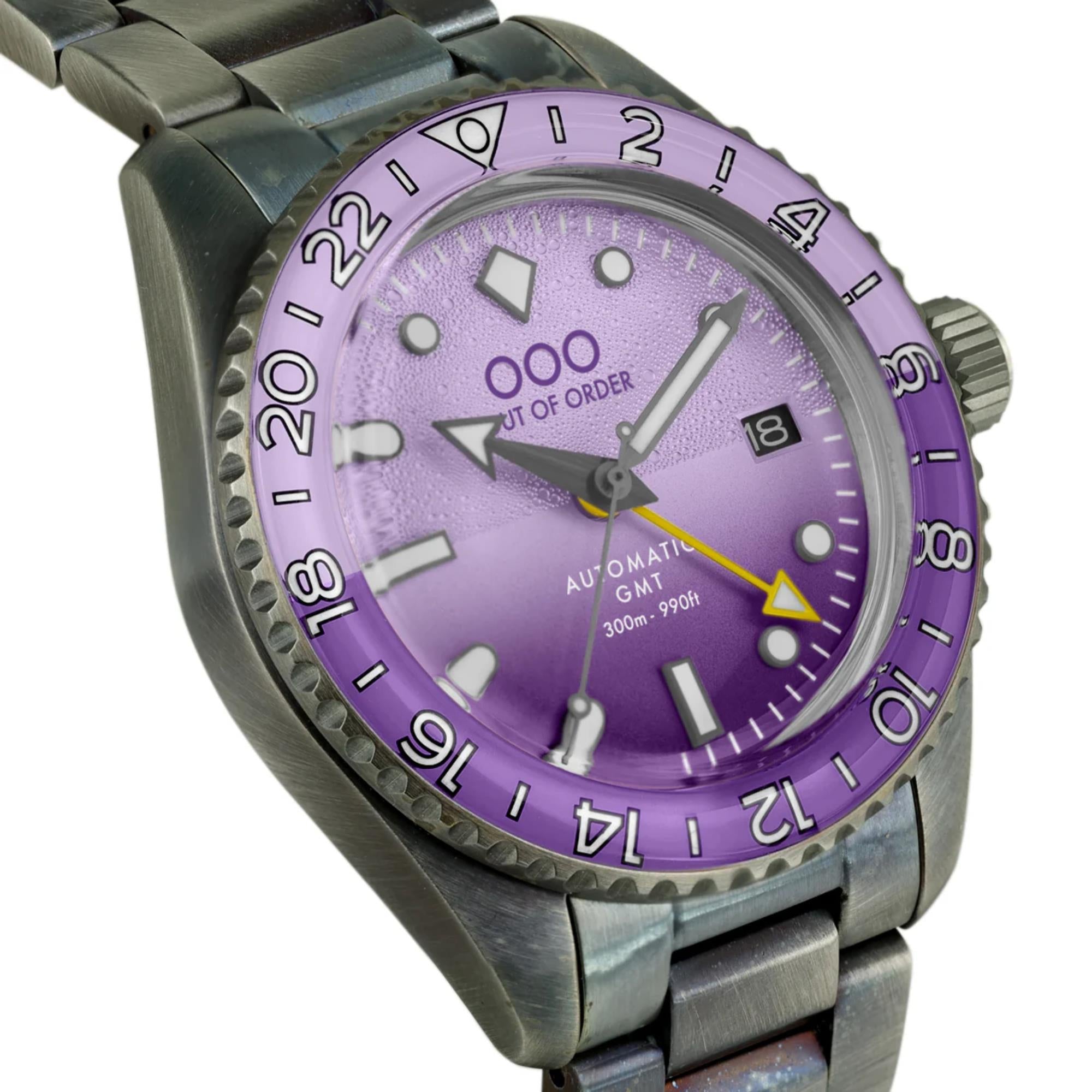 Out Of Order Shaker Automatic GMT Ultra Distressed Purple Dial Steel Strap Men's Watch OOO.001-25.LA.BAND