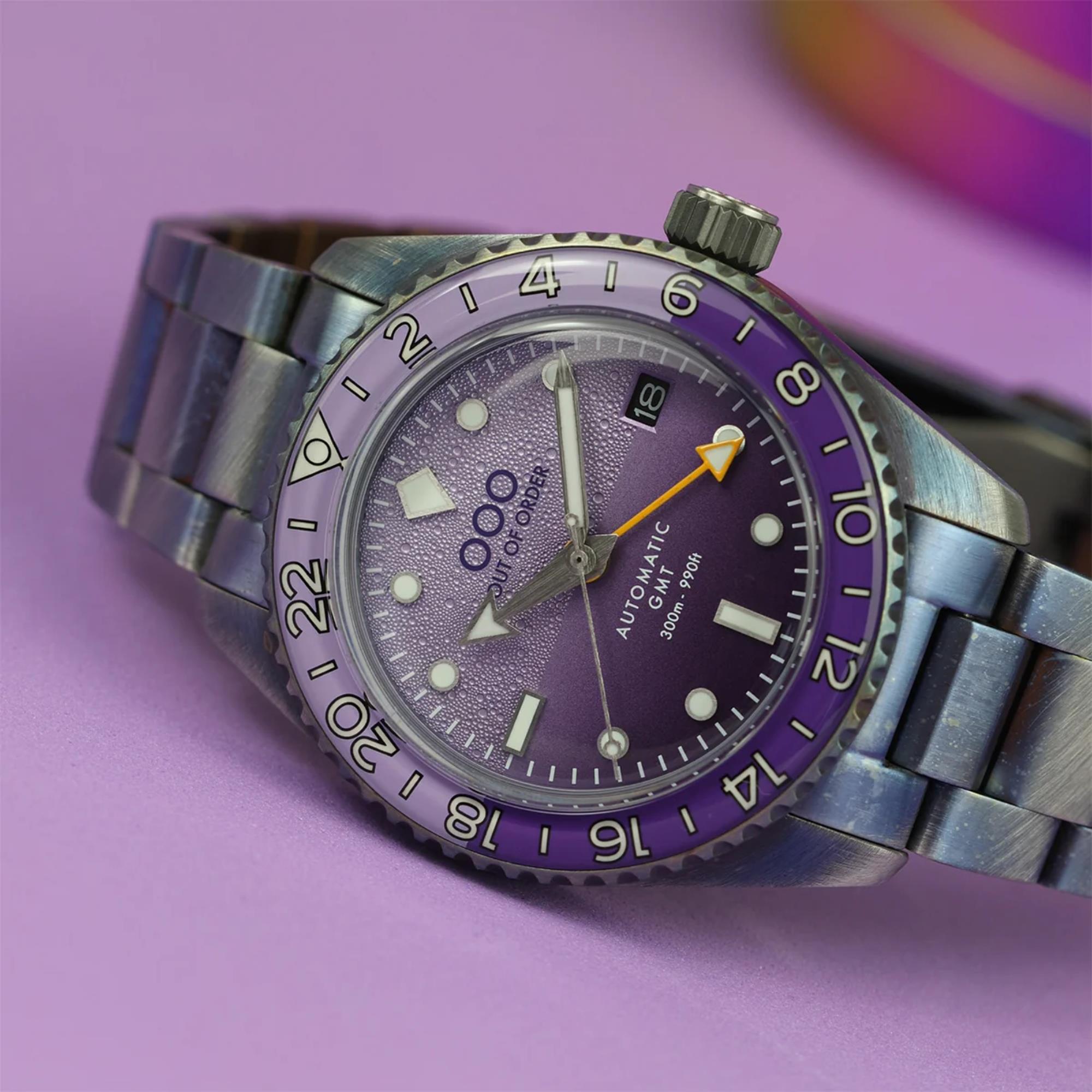Out Of Order Shaker Automatic GMT Ultra Distressed Purple Dial Steel Strap Men's Watch OOO.001-25.LA.BAND
