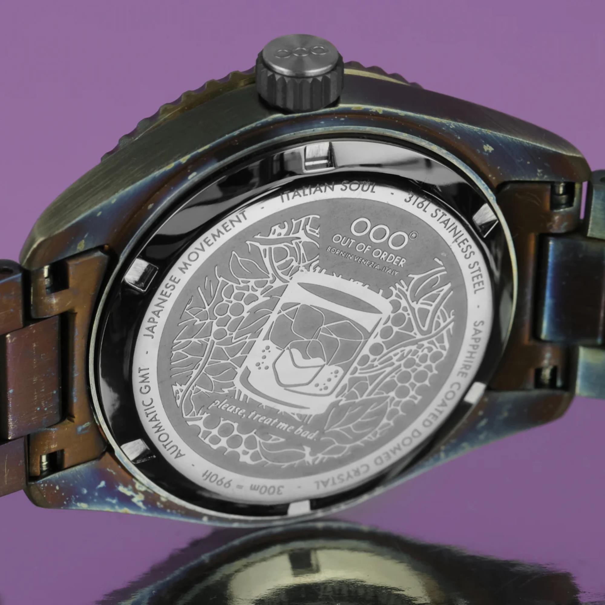 Out Of Order Shaker Automatic GMT Ultra Distressed Purple Dial Steel Strap Men's Watch OOO.001-25.LA.BAND