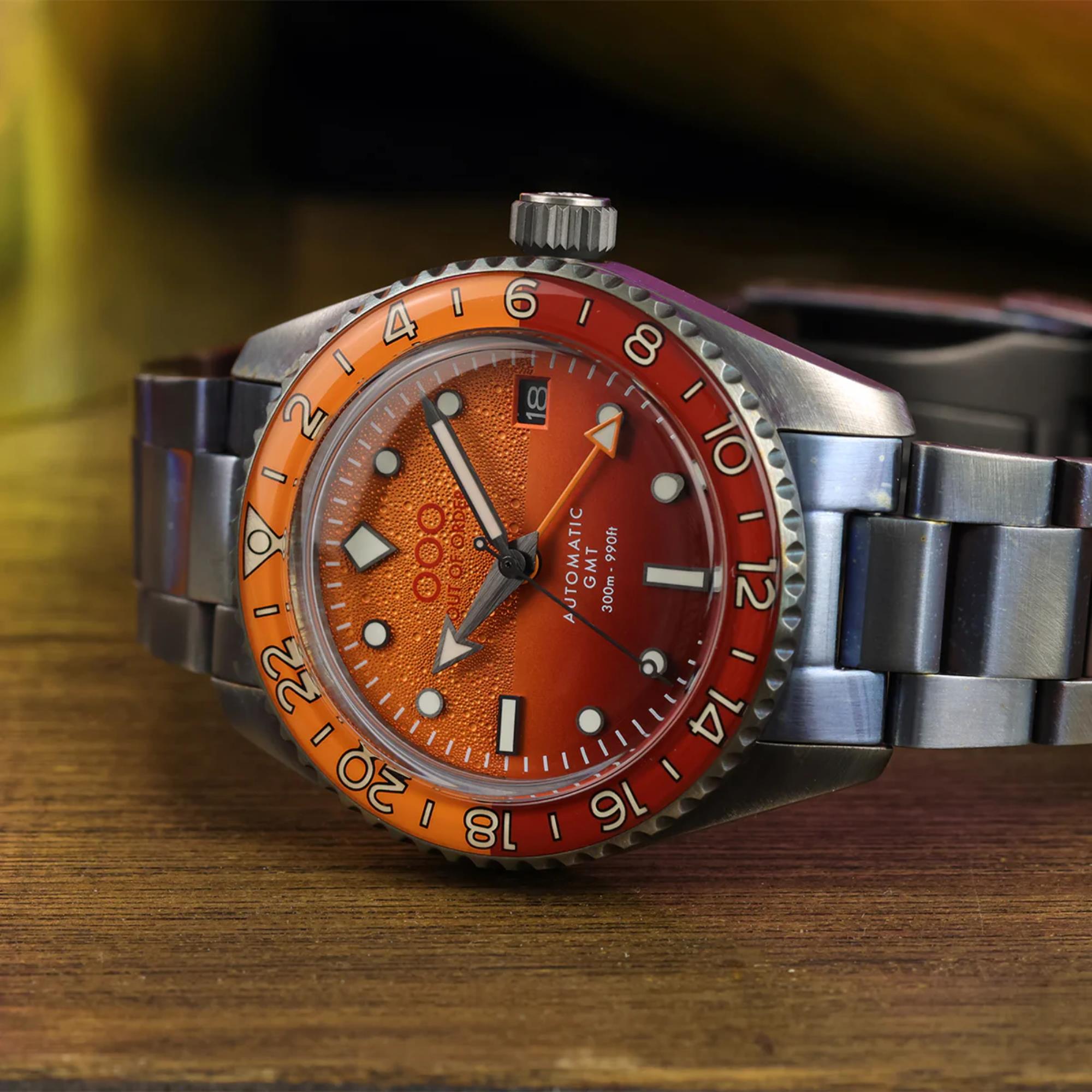 Out Of Order Negroni Shaker Automatic GMT Ultra-Distressed Orange Dial Steel Strap Men's Watch OOO.001-25.NE.BAND