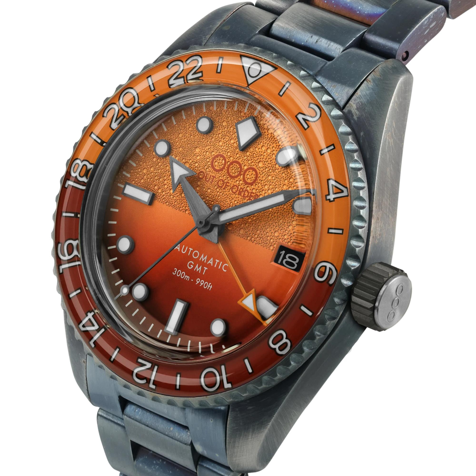Out Of Order Negroni Shaker Automatic GMT Ultra-Distressed Orange Dial Steel Strap Men's Watch OOO.001-25.NE.BAND