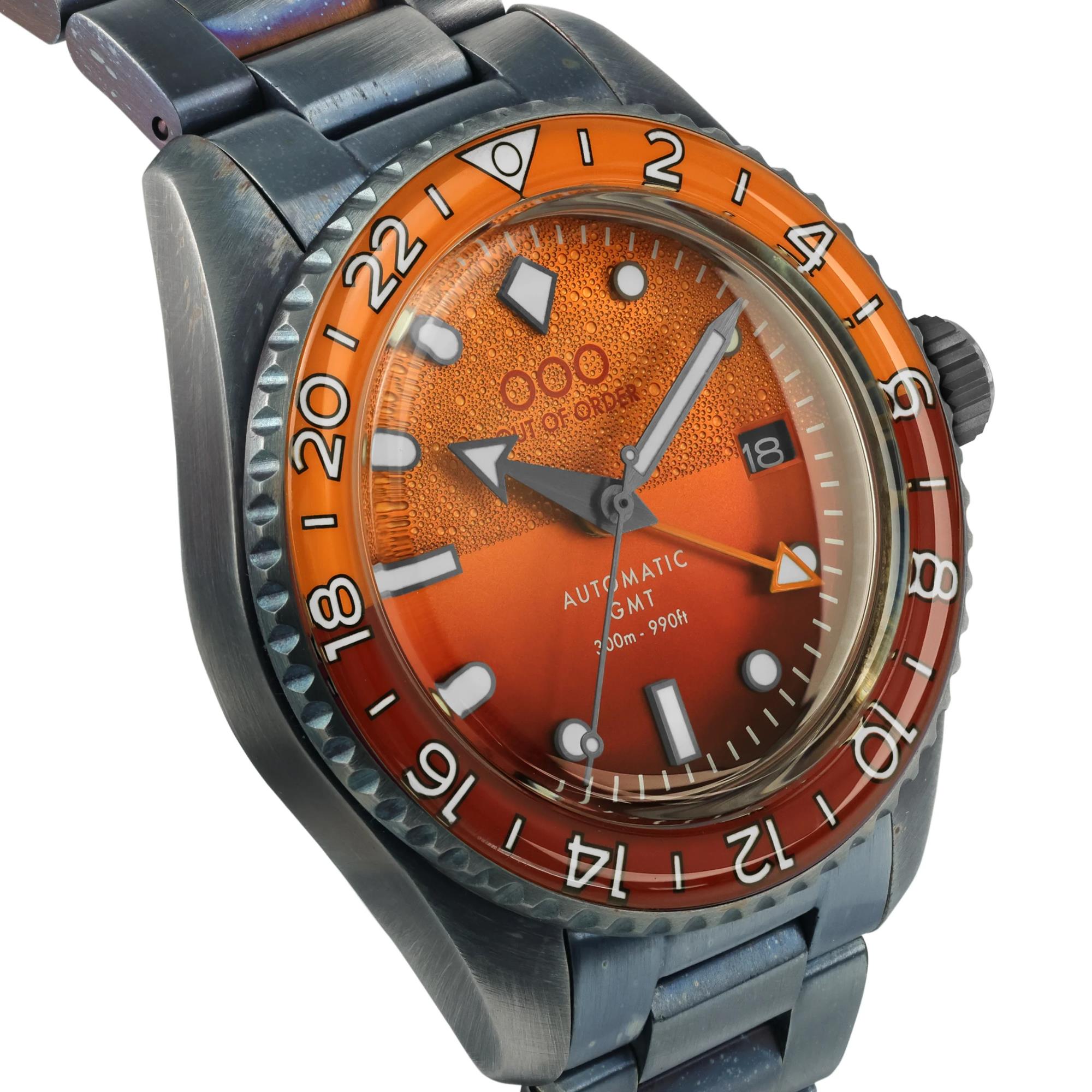 Out Of Order Negroni Shaker Automatic GMT Ultra-Distressed Orange Dial Steel Strap Men's Watch OOO.001-25.NE.BAND