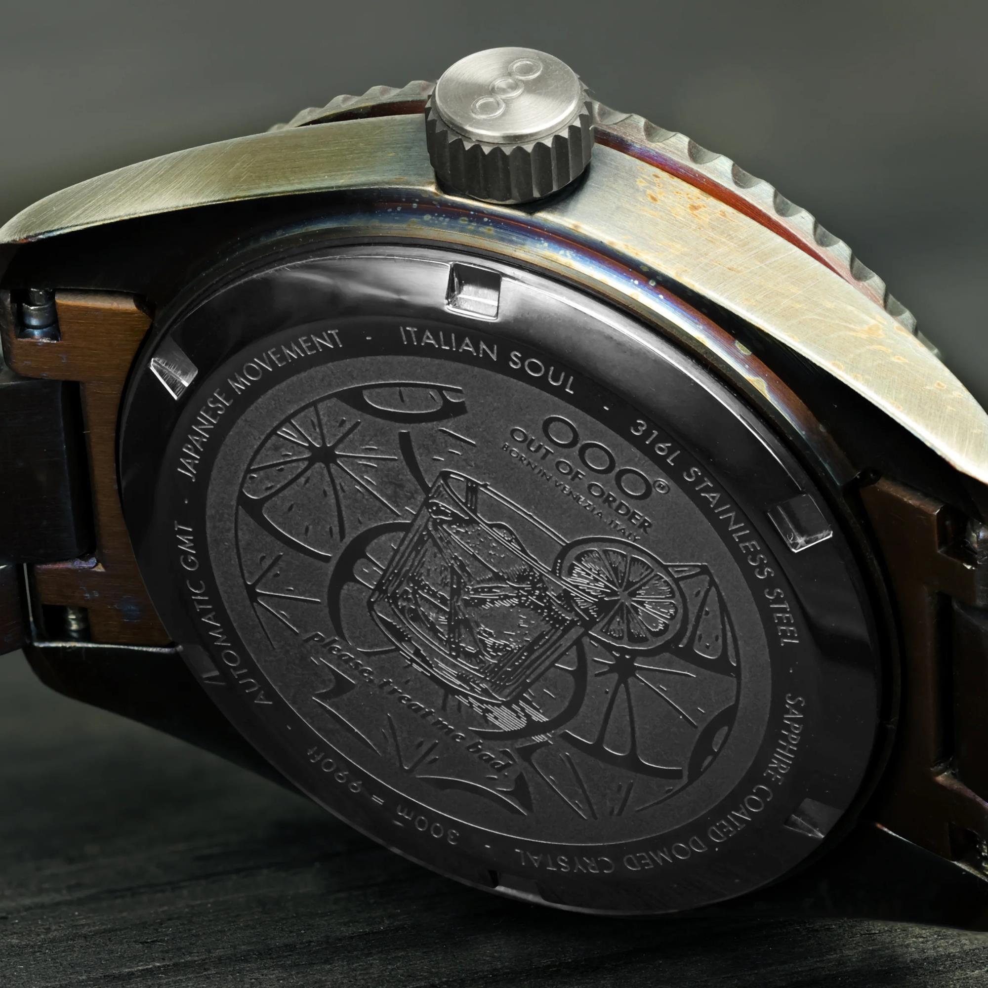 Out Of Order Negroni Shaker Automatic GMT Ultra-Distressed Orange Dial Steel Strap Men's Watch OOO.001-25.NE.BAND