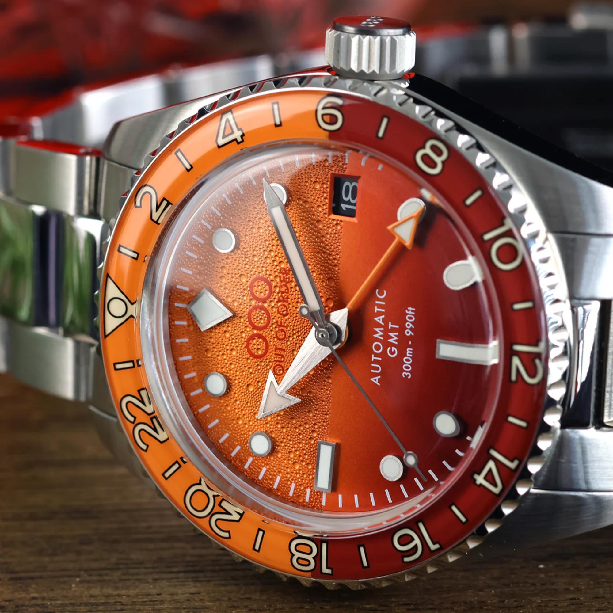 Out Of Order Negroni Shaker Automatic GMT Ultra-Brushed Orange Dial Steel Strap Unisex Watch OOO.001-25.NE.BAND.SS