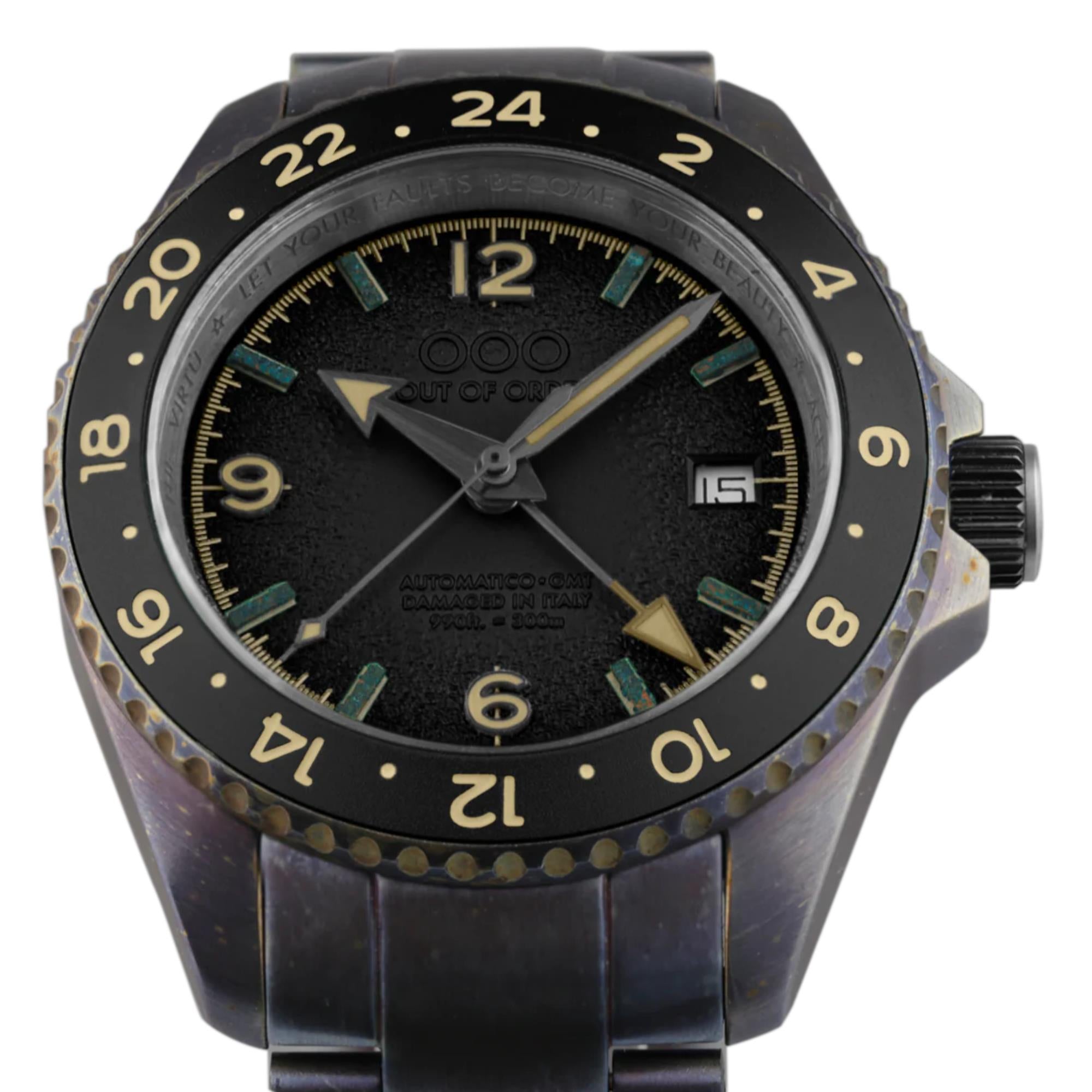 Out Of Order Black Trecento GMT Automatic Black Dial Steel Strap Men's Watch OOO.001-24.NE