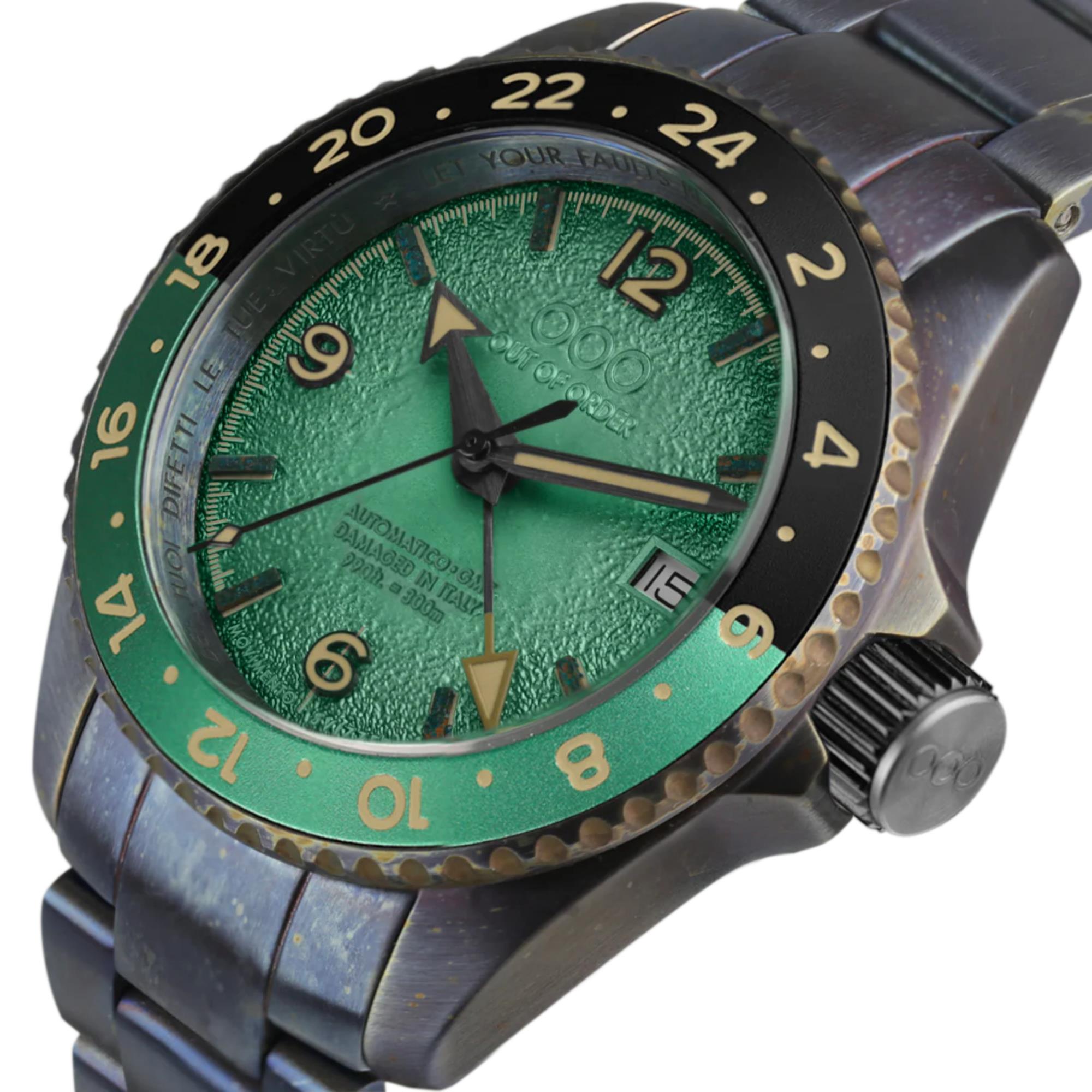 Out Of Order Green Trecento GMT Automatic Green Dial Steel Strap Men's Watch OOO.001-24.VE