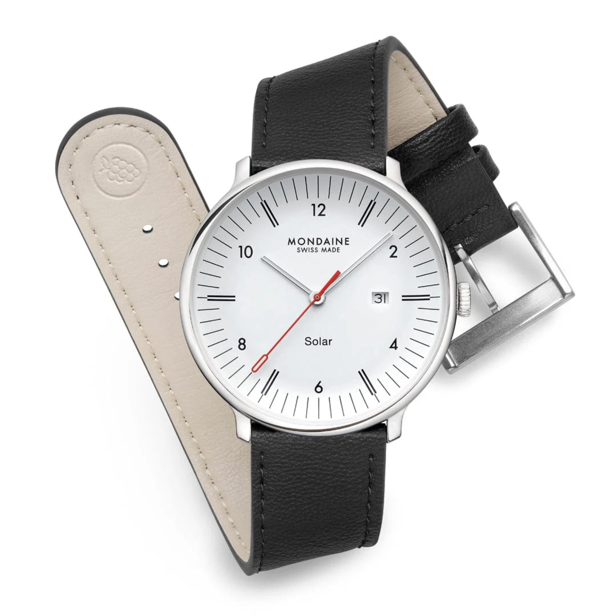 Mondaine Doppio Solar White Dial Leather Strap Men's Watch MLE.41910.LBV
