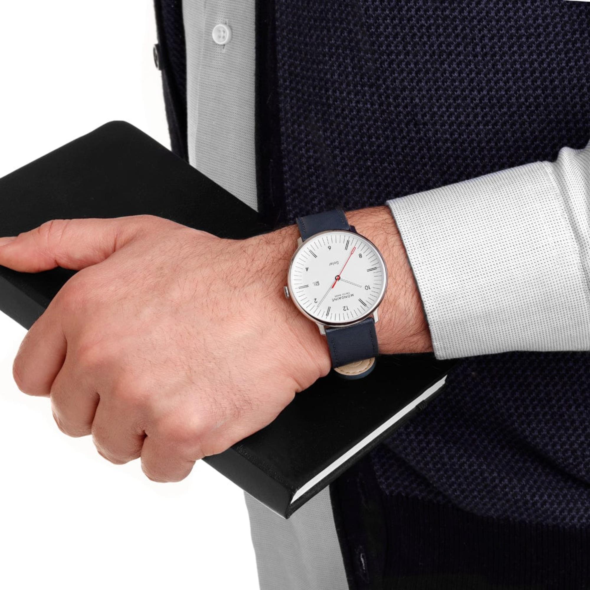 Mondaine Doppio Solar White Dial Leather Strap Men's Watch MLE.41910.LDV