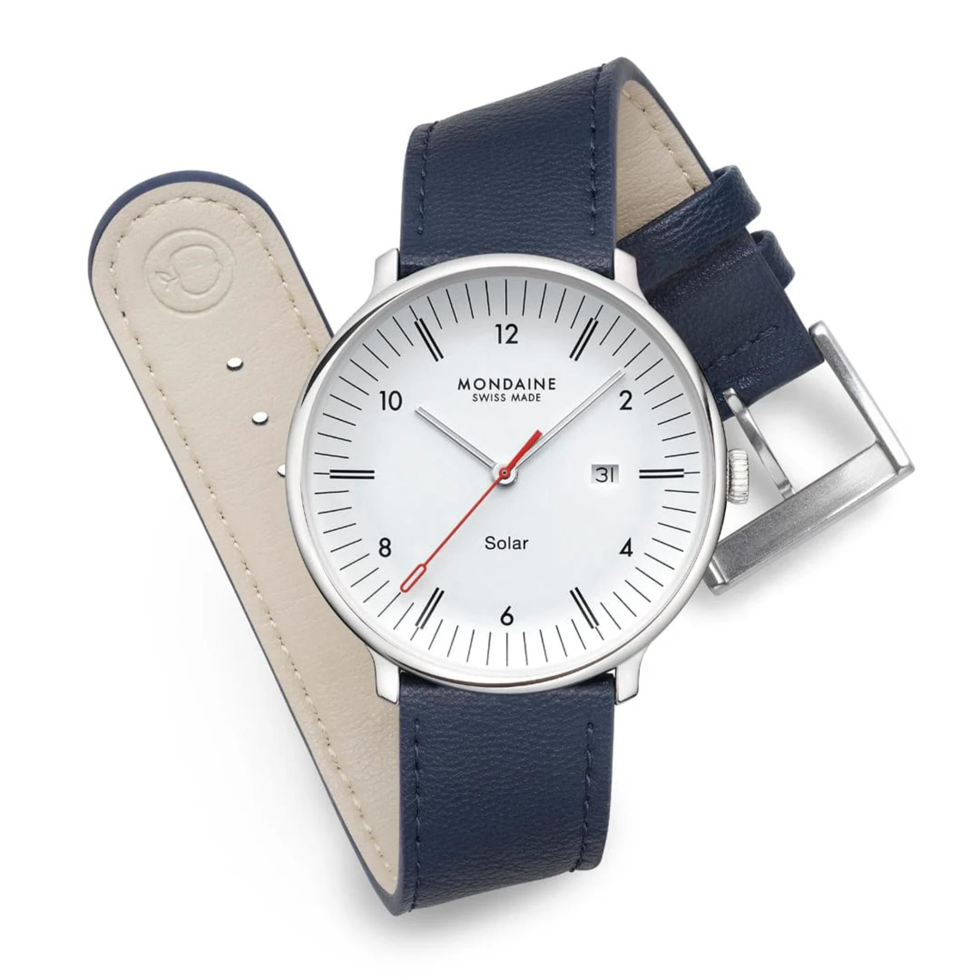 Mondaine Doppio Solar White Dial Leather Strap Men's Watch MLE.41910.LDV