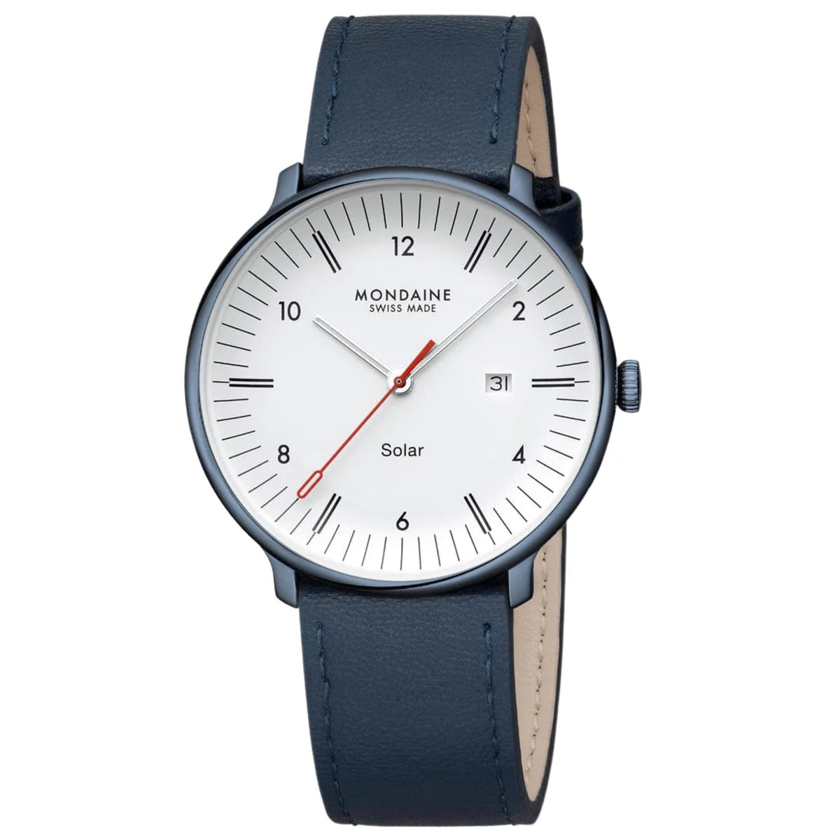 Studio front view of the Mondaine Doppio Solar watch featuring a white dial, dark navy blue case, and dark navy blue leather strap, accompanied by a solar-eco graphic icon in the top left corner