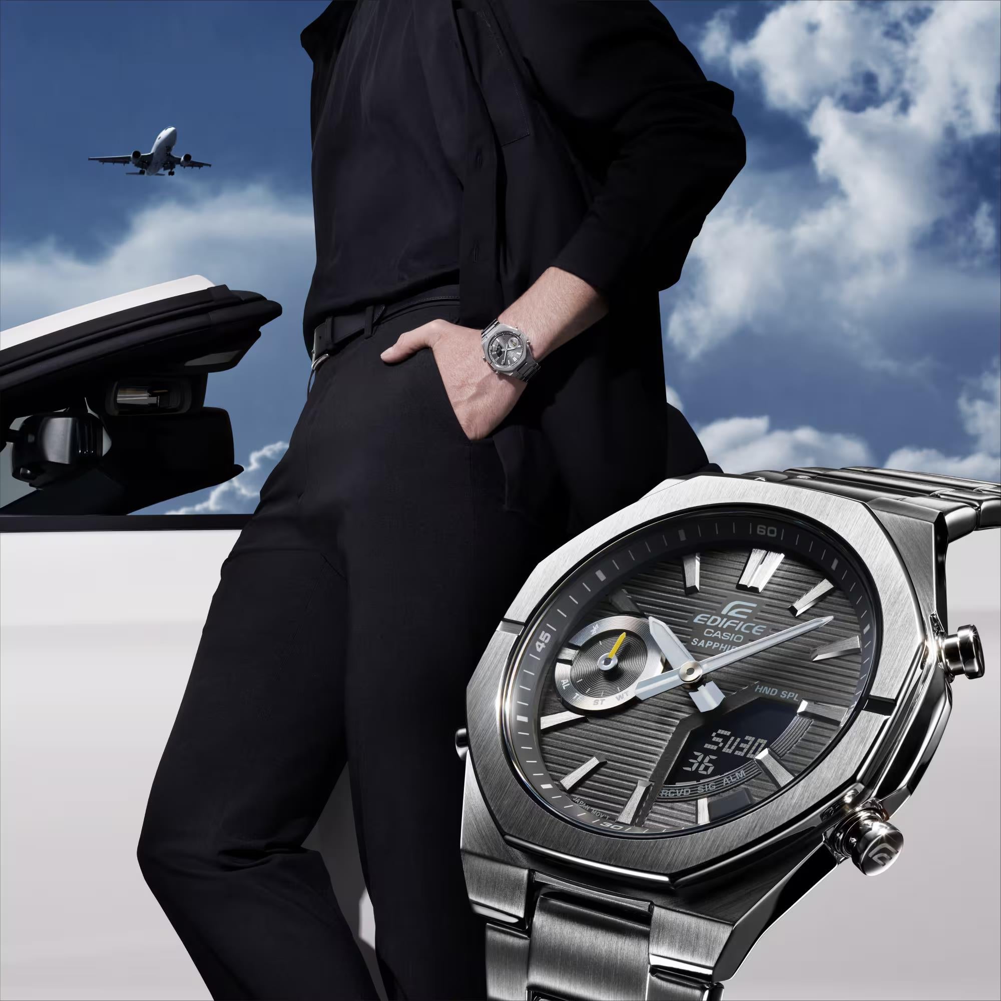 Casio Edifice Solar Powered Grey Dial Steel Strap Men's Watch ECB-S10D-8AEF
