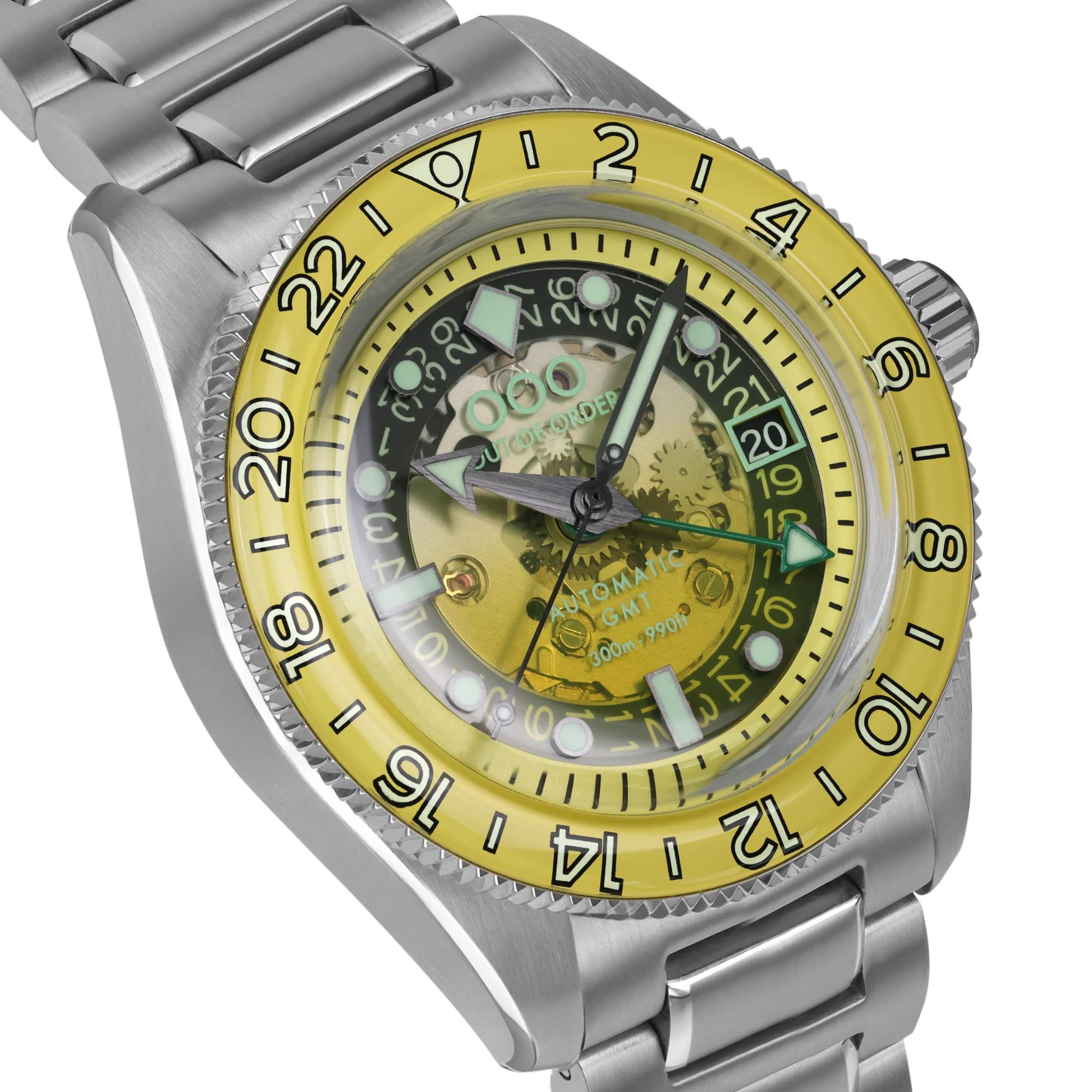 Out Of Order Limited Edition Shaker Limoncello Automatic GMT Steel Strap Men's Watch OOO.001-25.LC.BAND.SS