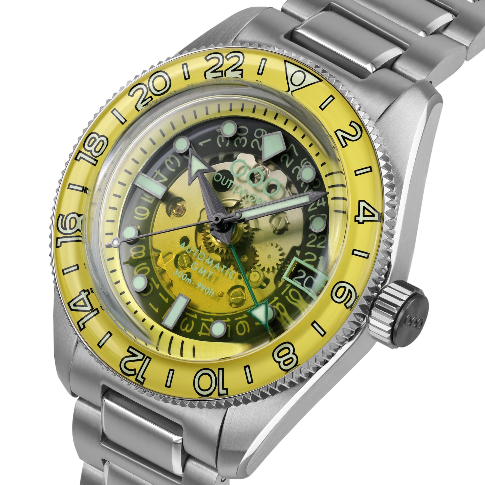 Out Of Order Limited Edition Shaker Limoncello Automatic GMT Steel Strap Men's Watch OOO.001-25.LC.BAND.SS