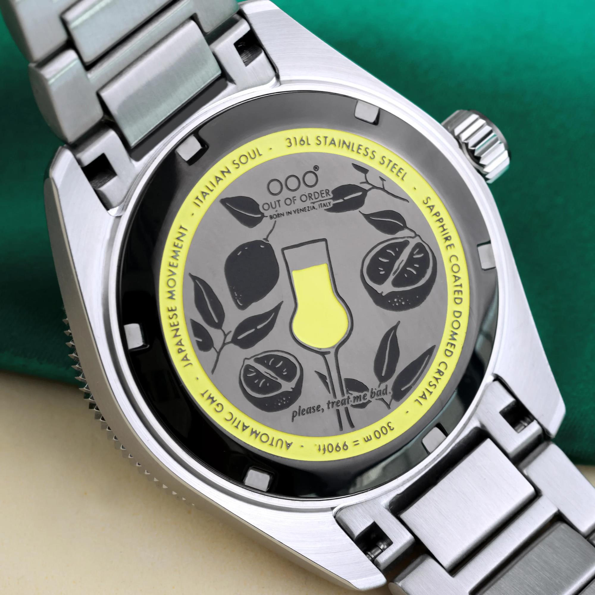Out Of Order Limited Edition Shaker Limoncello Automatic GMT Steel Strap Men's Watch OOO.001-25.LC.BAND.SS