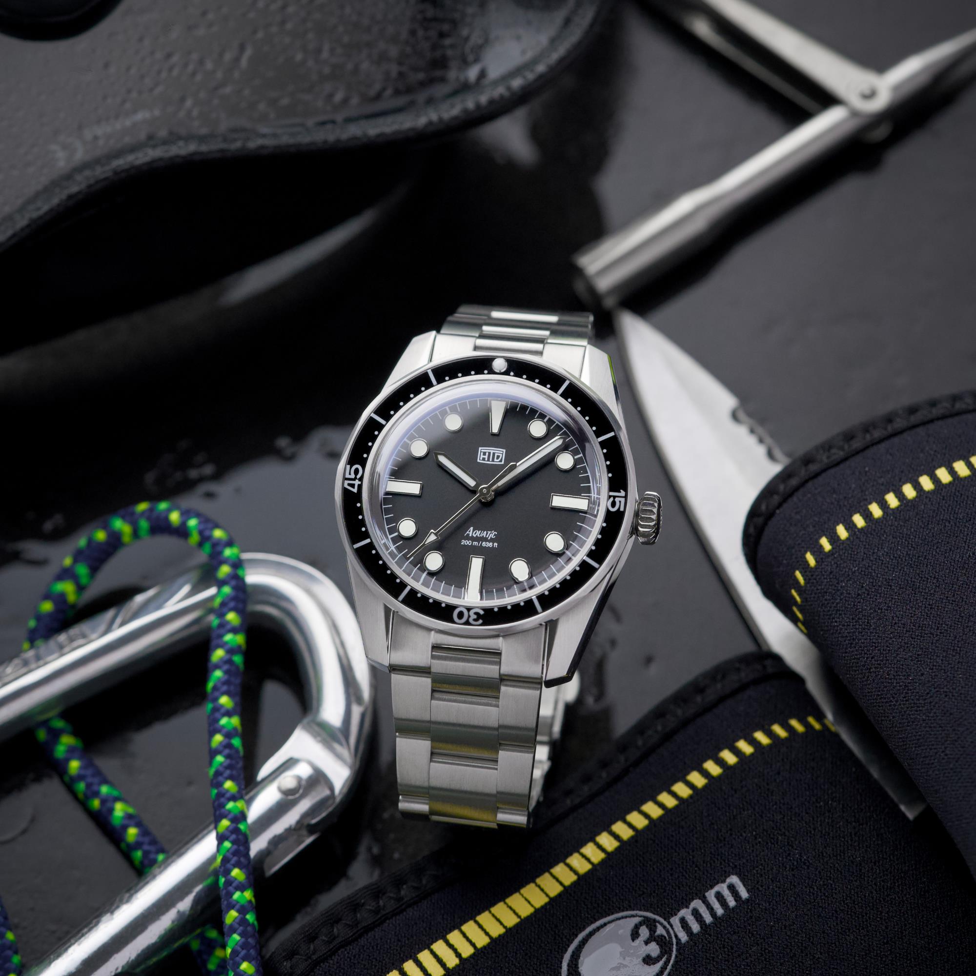 HTD Aquatic Bicchierini Automatic Black Dial Steel Strap Men's Watch A25F09B