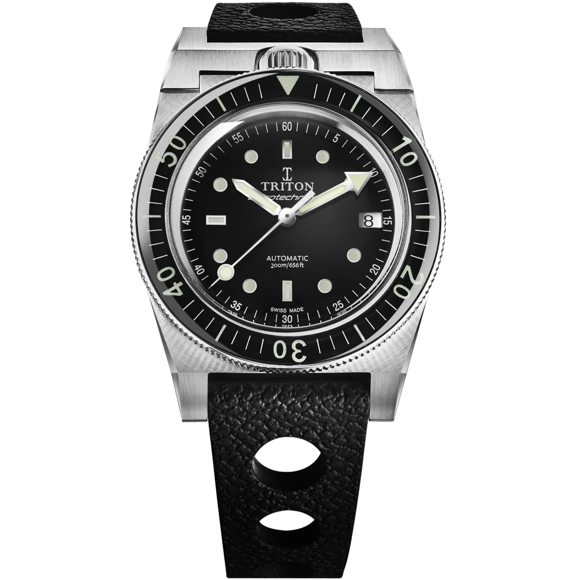 Triton Spirotechnique Classic Black Dial Automatic Rubber Strap Men's Dive Watch