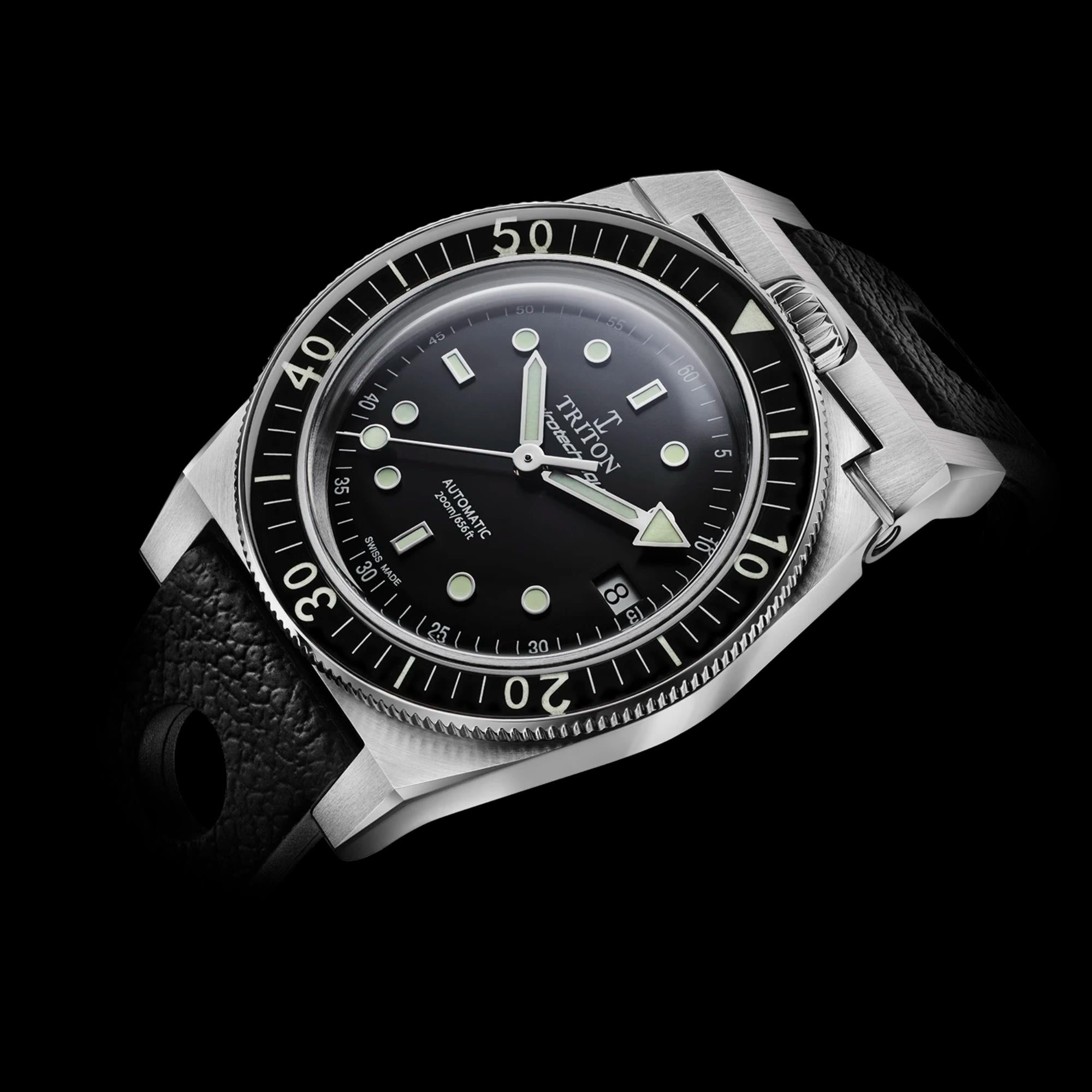 Triton Spirotechnique Classic Black Dial Automatic Rubber Strap Men's Dive Watch
