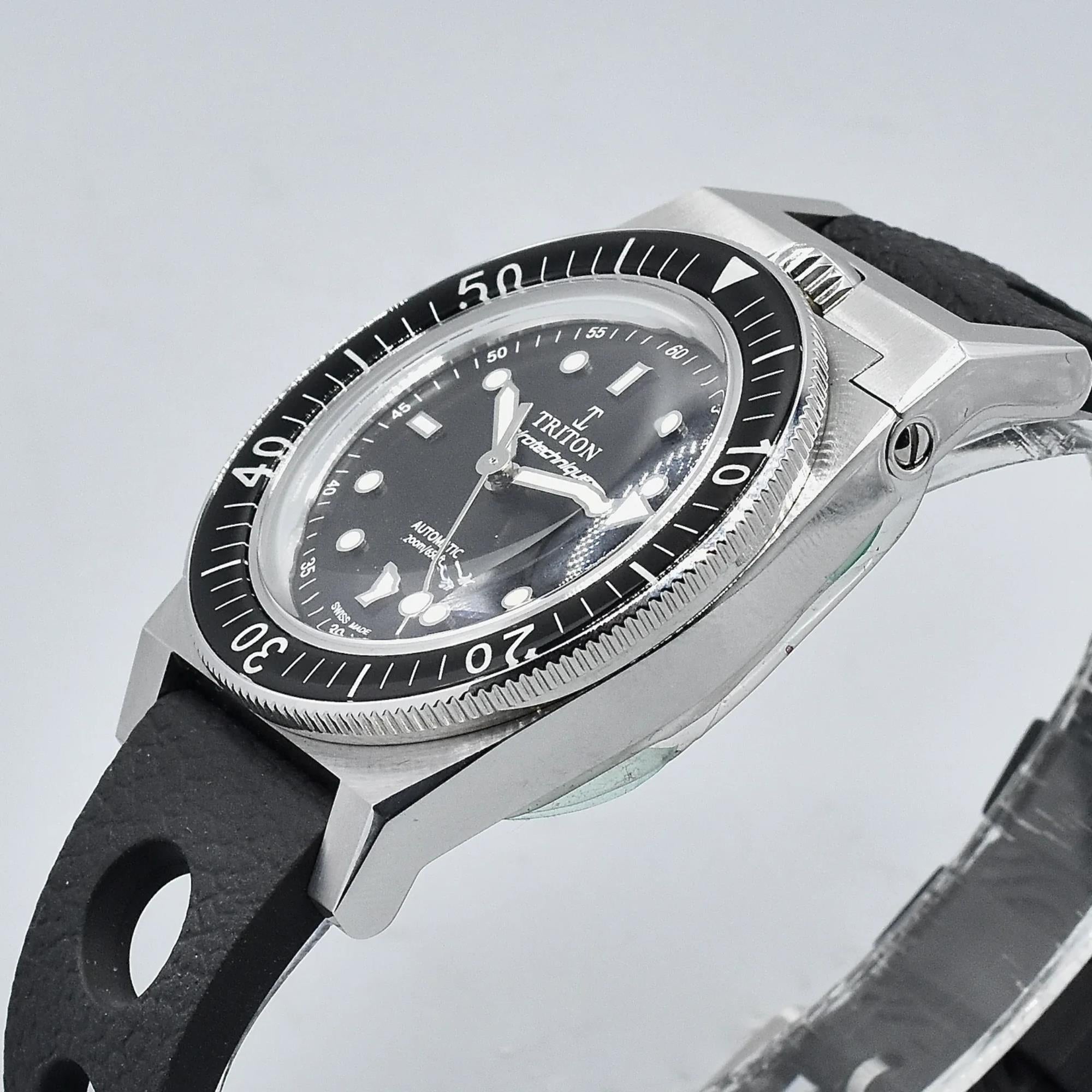 Triton Spirotechnique Classic Black Dial Automatic Rubber Strap Men's Dive Watch