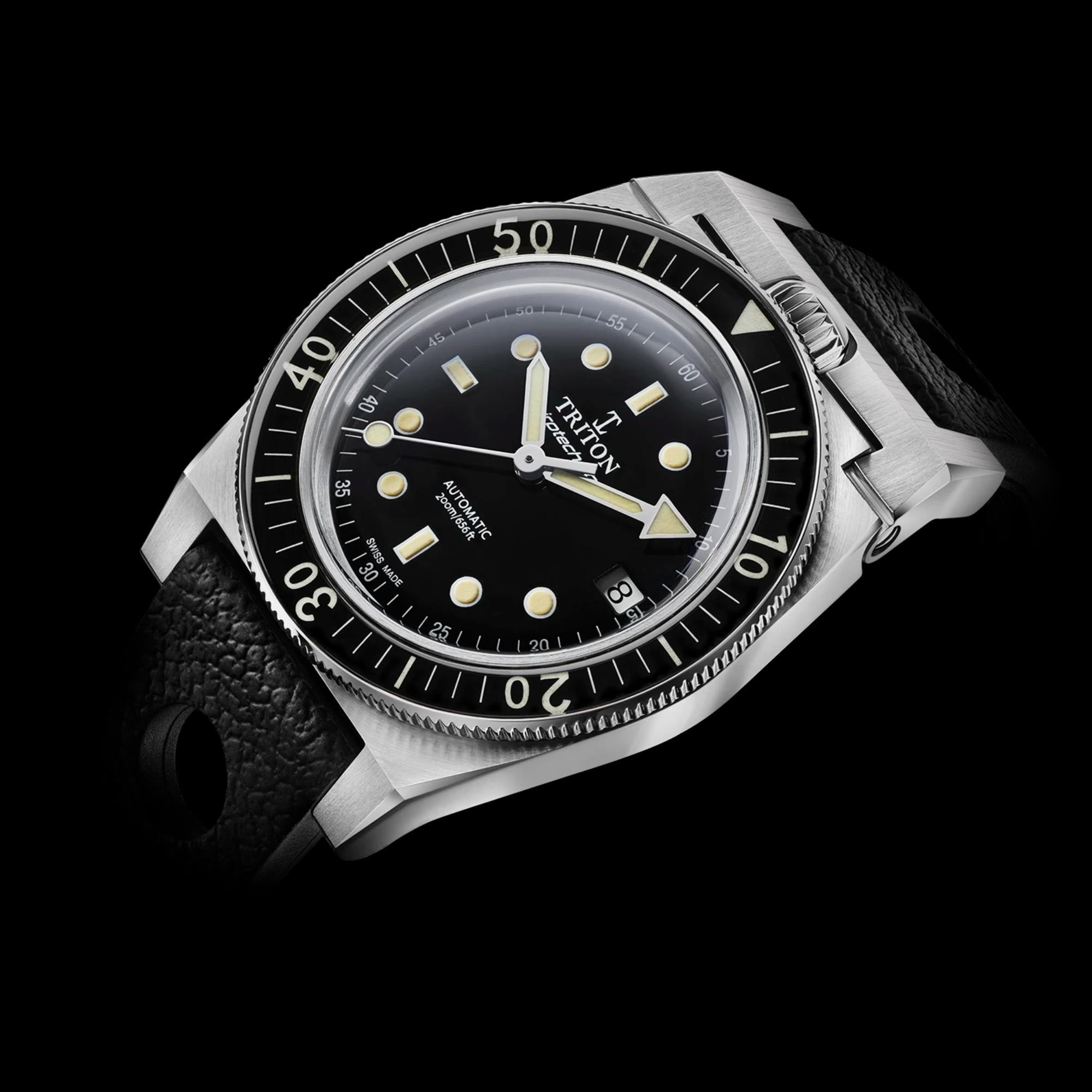 Triton Spirotechnique Sport Black Dial Automatic Rubber Strap Men's Dive Watch