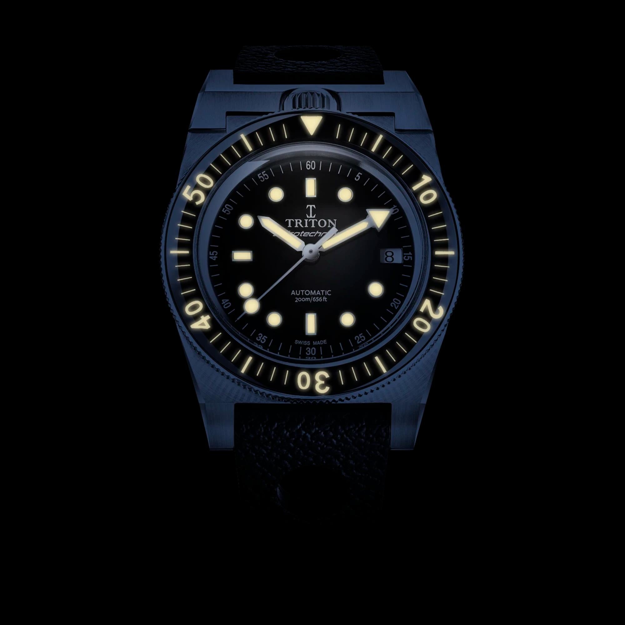 Triton Spirotechnique Sport Black Dial Automatic Rubber Strap Men's Dive Watch
