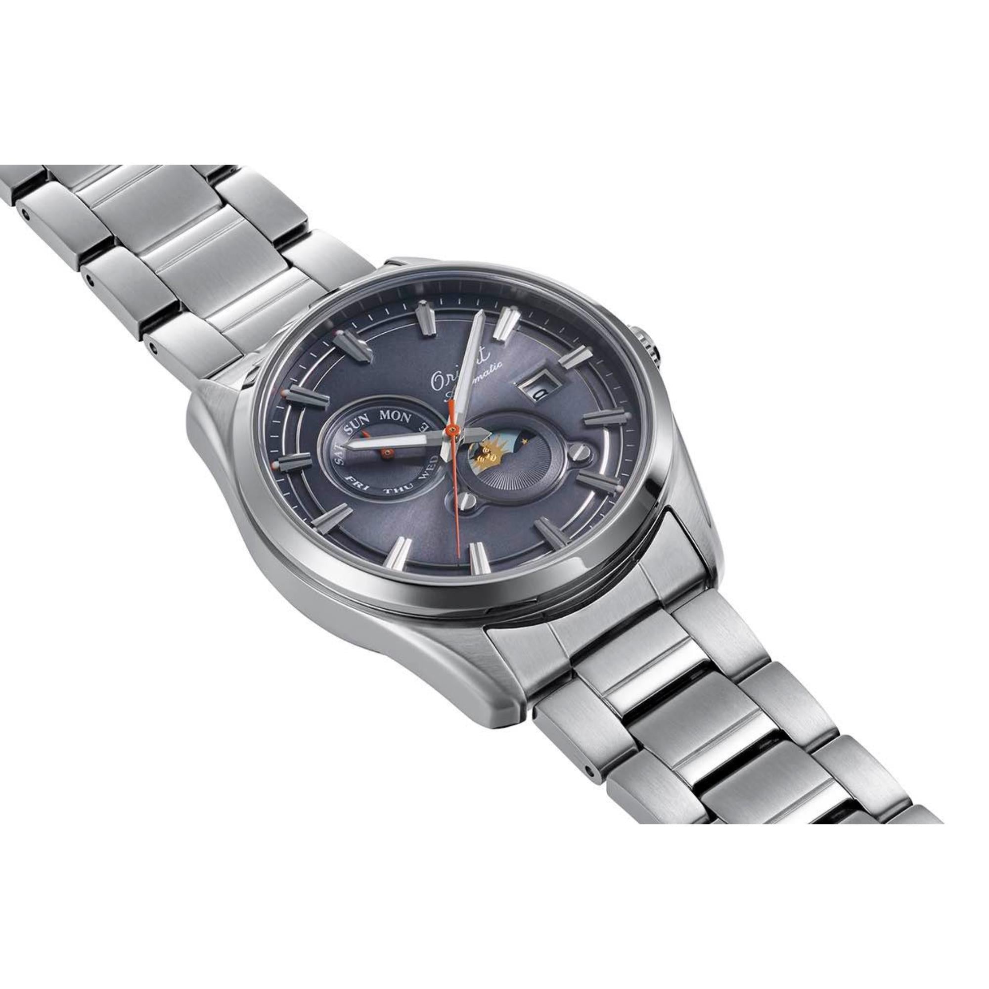 Orient Contemporary Stretto Sun and Moon 75th Anniversary Limited Edition Grey Dial Steel Strap Men's Watch RA-AK0311N30B