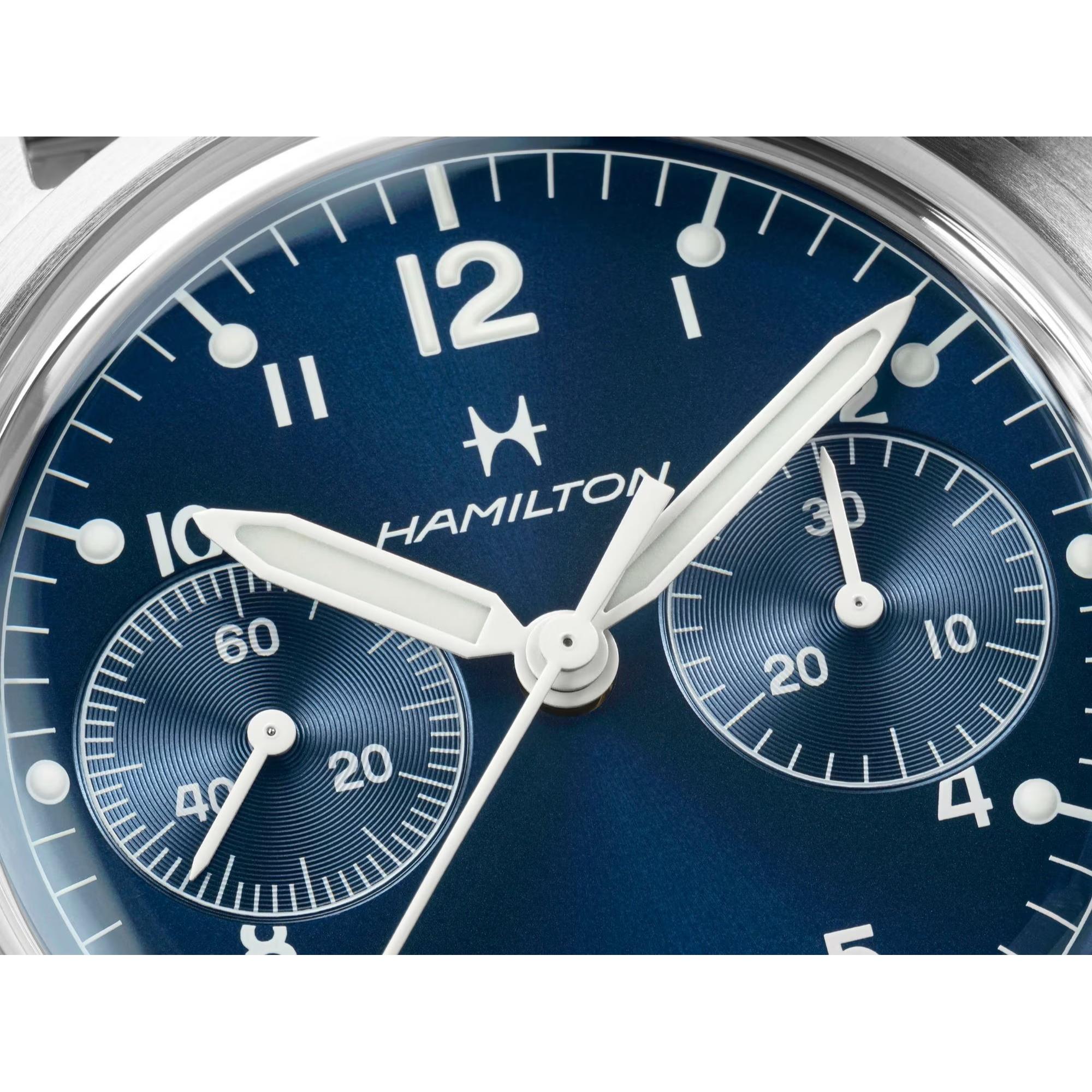 Hamilton Khaki Aviation Pilot Pioneer Mechanical Chronograph Blue Dial Steel Strap Men's Watch H76409140