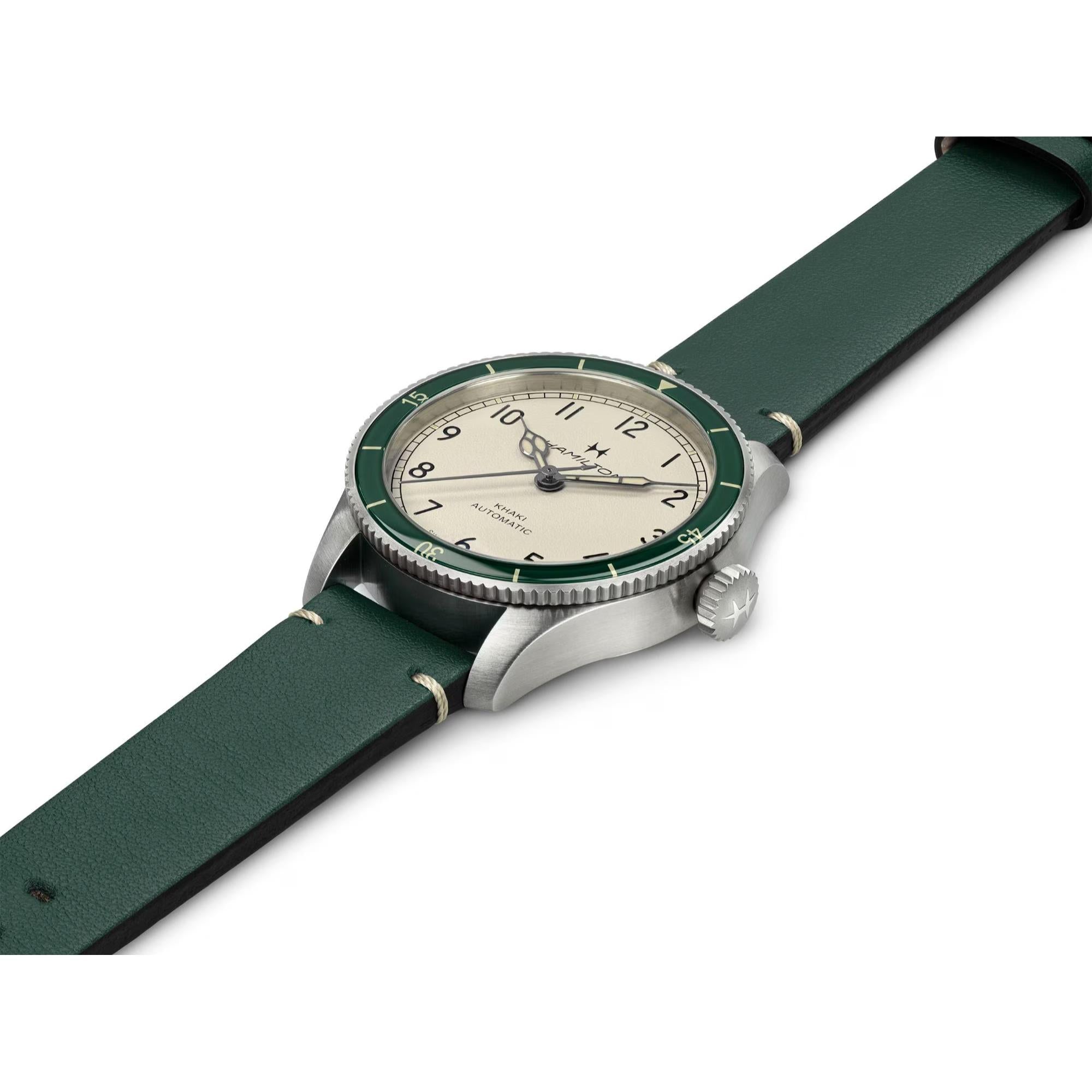 Hamilton Khaki Aviation Pilot Pioneer Automatic Eggshell-White Dial Green Leather Strap Men's Watch H76255810