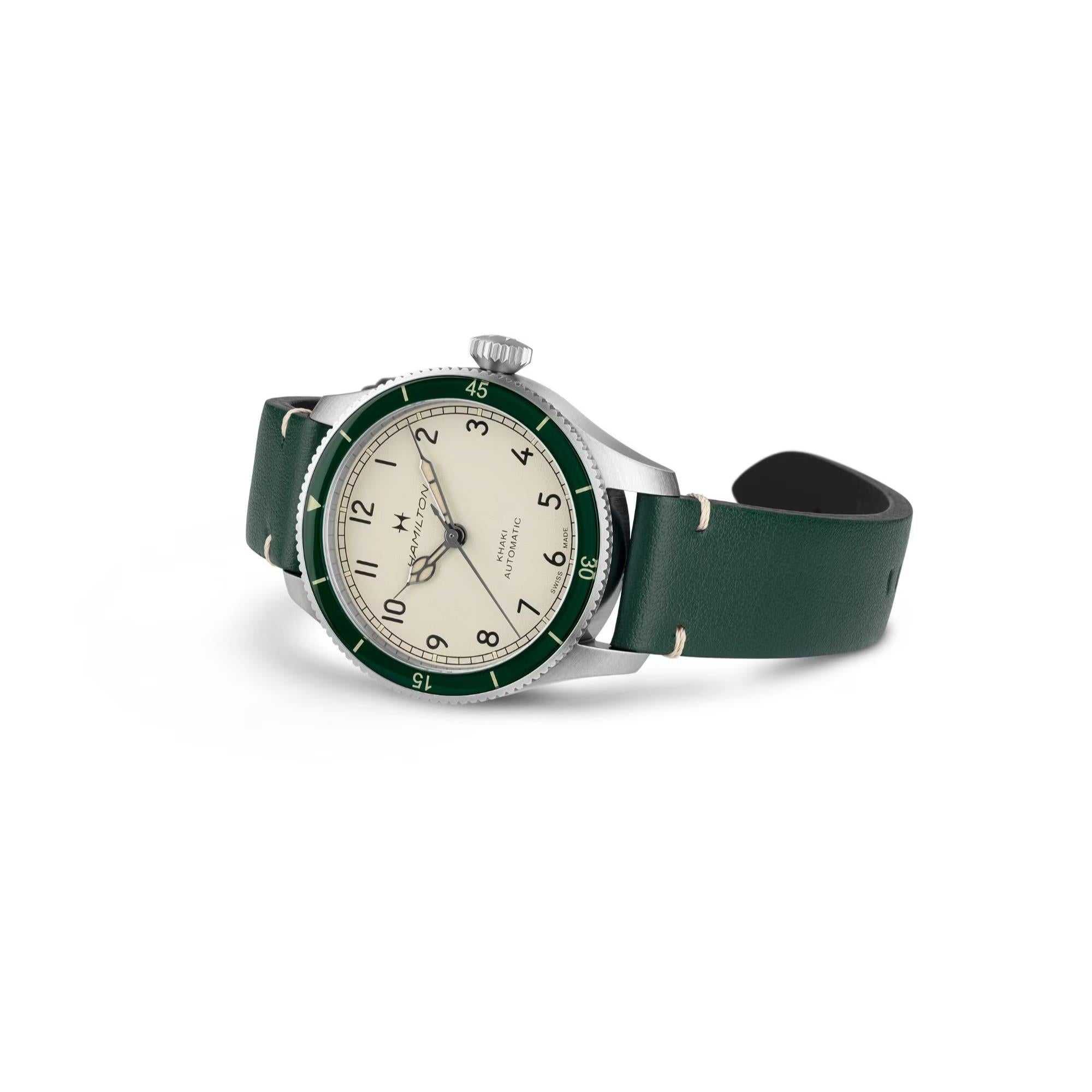 Hamilton Khaki Aviation Pilot Pioneer Automatic Eggshell-White Dial Green Leather Strap Men's Watch H76255810