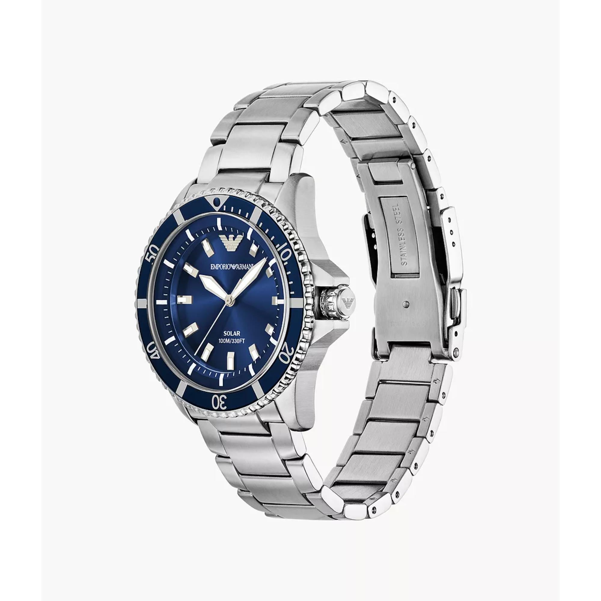 Emporio Armani Diver World Explorer Solar Blue Dial Steel Strap Men's Watch AR11697
