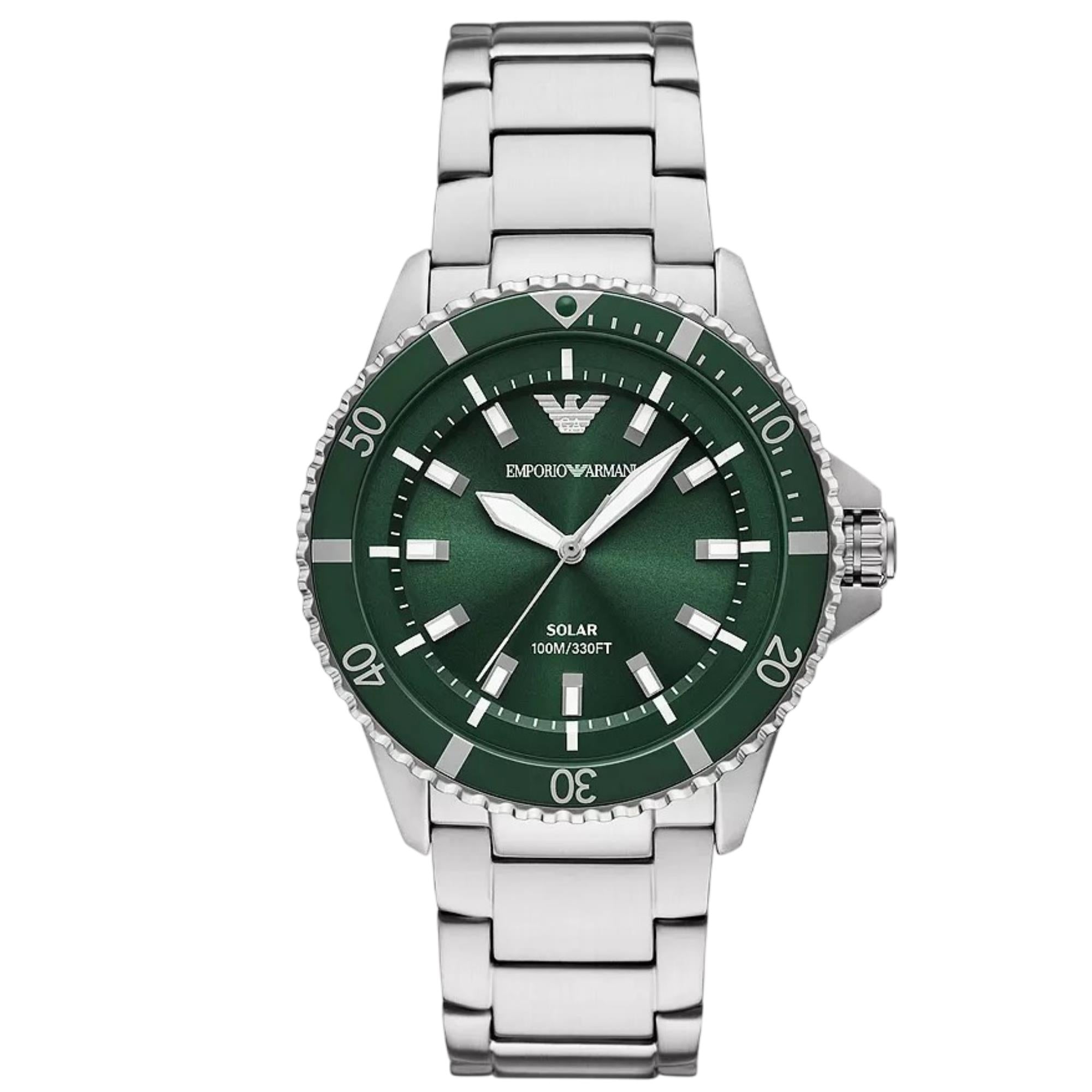 Emporio Armani World Explorer Solar Green Dial Steel Strap Men's Watch AR11698