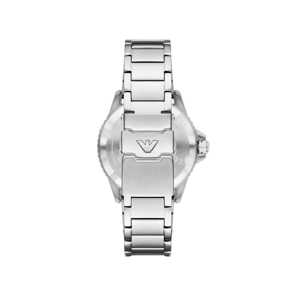 Back view of the Emporio Armani World Explorer AR11698 wrist watch showcasing the stainless steel folding clasp and eagle logo