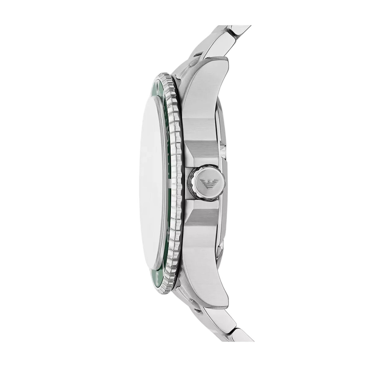 Side view of the Emporio Armani World Explorer AR11698 watch featuring the crown guard, branded crown, and steel case