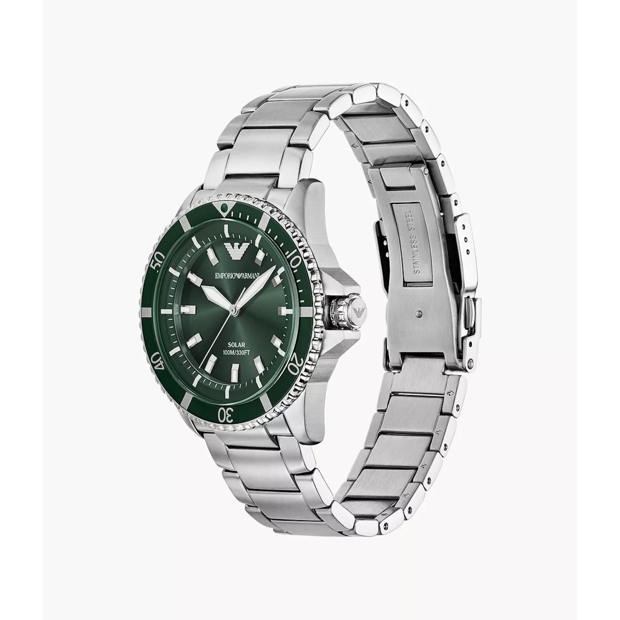 Emporio Armani World Explorer Solar Green Dial Steel Strap Men's Watch AR11698