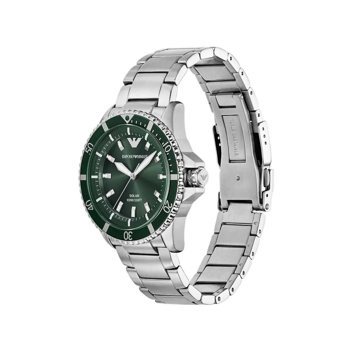 Angled view of the Emporio Armani World Explorer AR11698 watch showing the green dial, coin-edge bezel, and steel bracelet