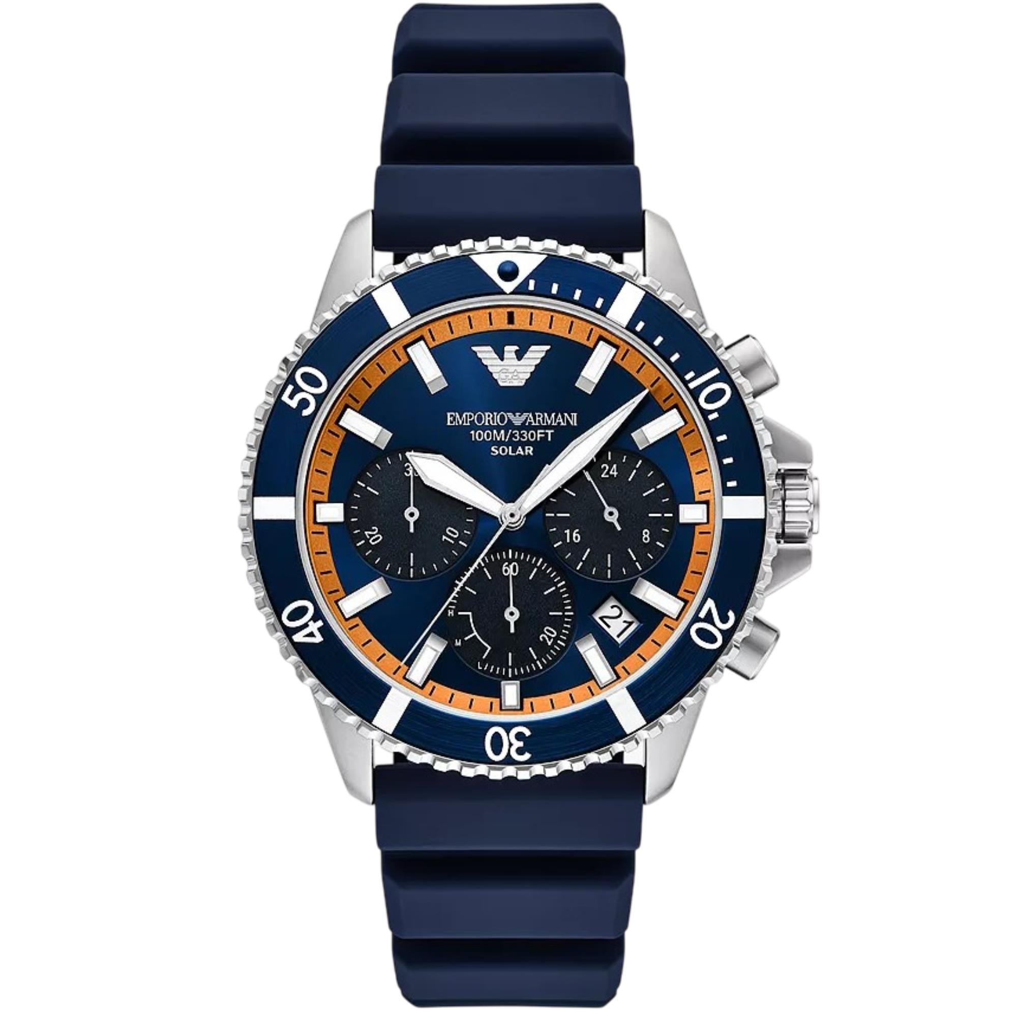 Emporio Armani World Explorer Solar Chronograph Blue Dial Silicone Strap Men's Watch AR11696