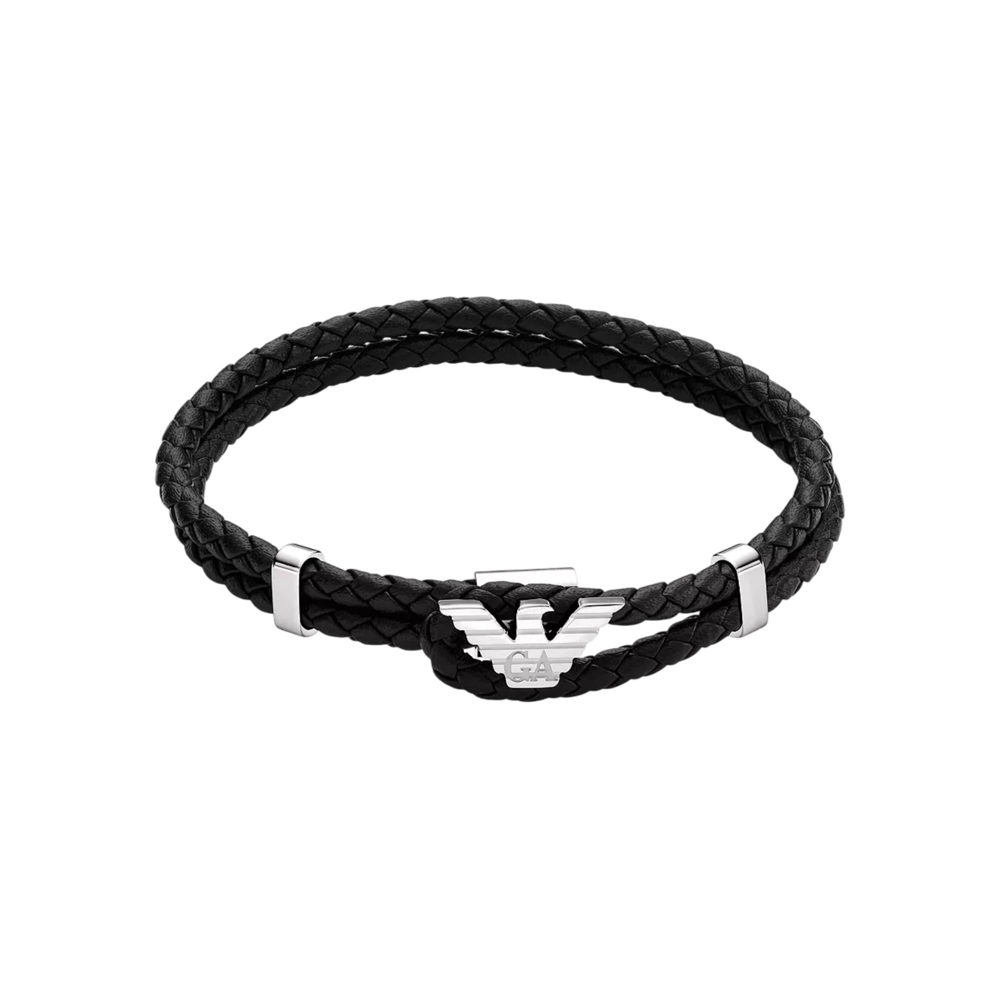 Emporio Armani Black Leather Silver-Tone Mens Bracelet EGS3237040