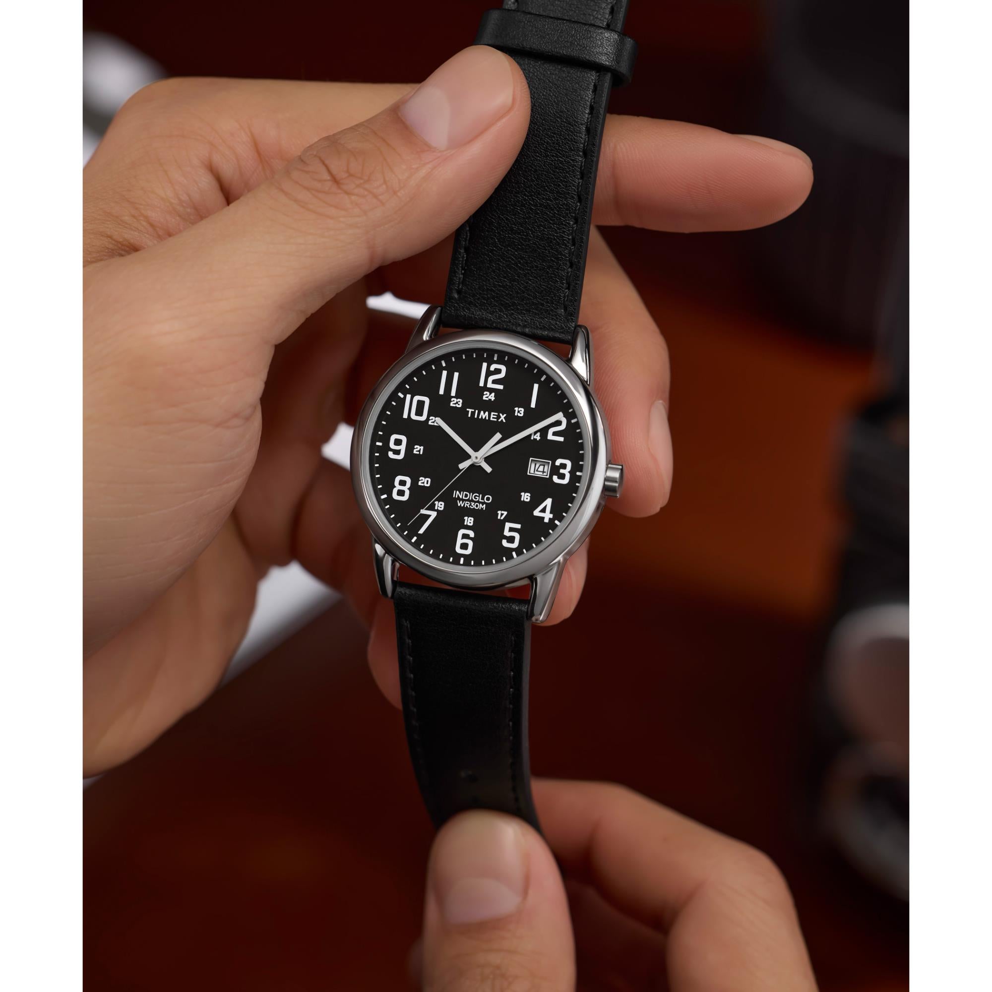Timex Easy Reader Classic Quartz Black Dial Leather Strap Men's Watch TW2Y12800