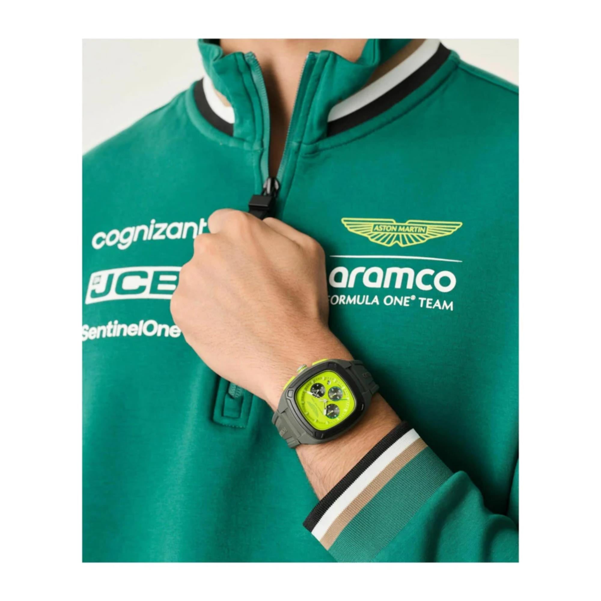 Aston Martin Aramco Formula One Team Quartz Chronograph Yellow Dial Grey Silicone Strap Men's Watch MTFO1F504