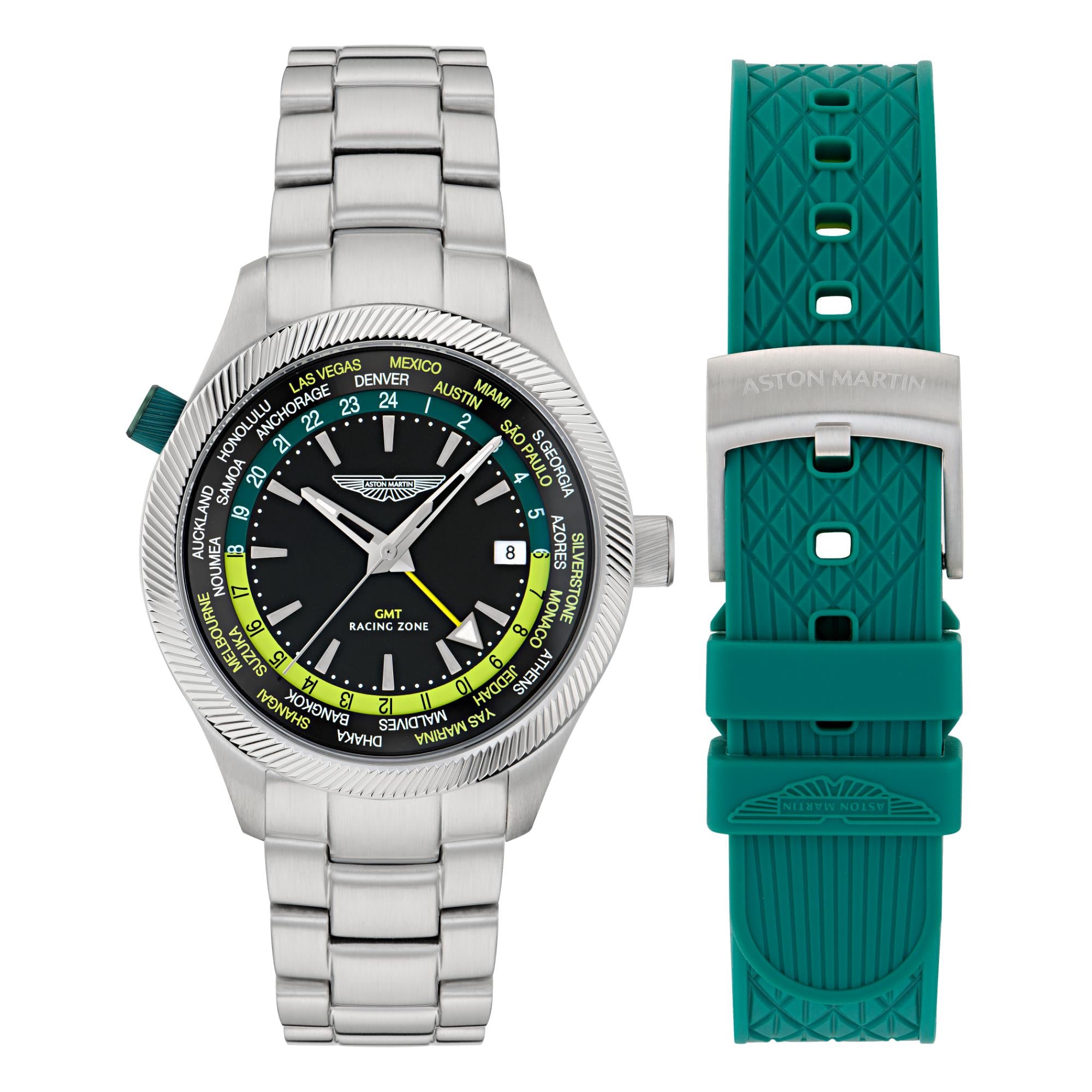 Aston Martin Quartz Black Dial RSST Bracelet and Podium Green Silicone Strap Men's Watch MTIZ1F503