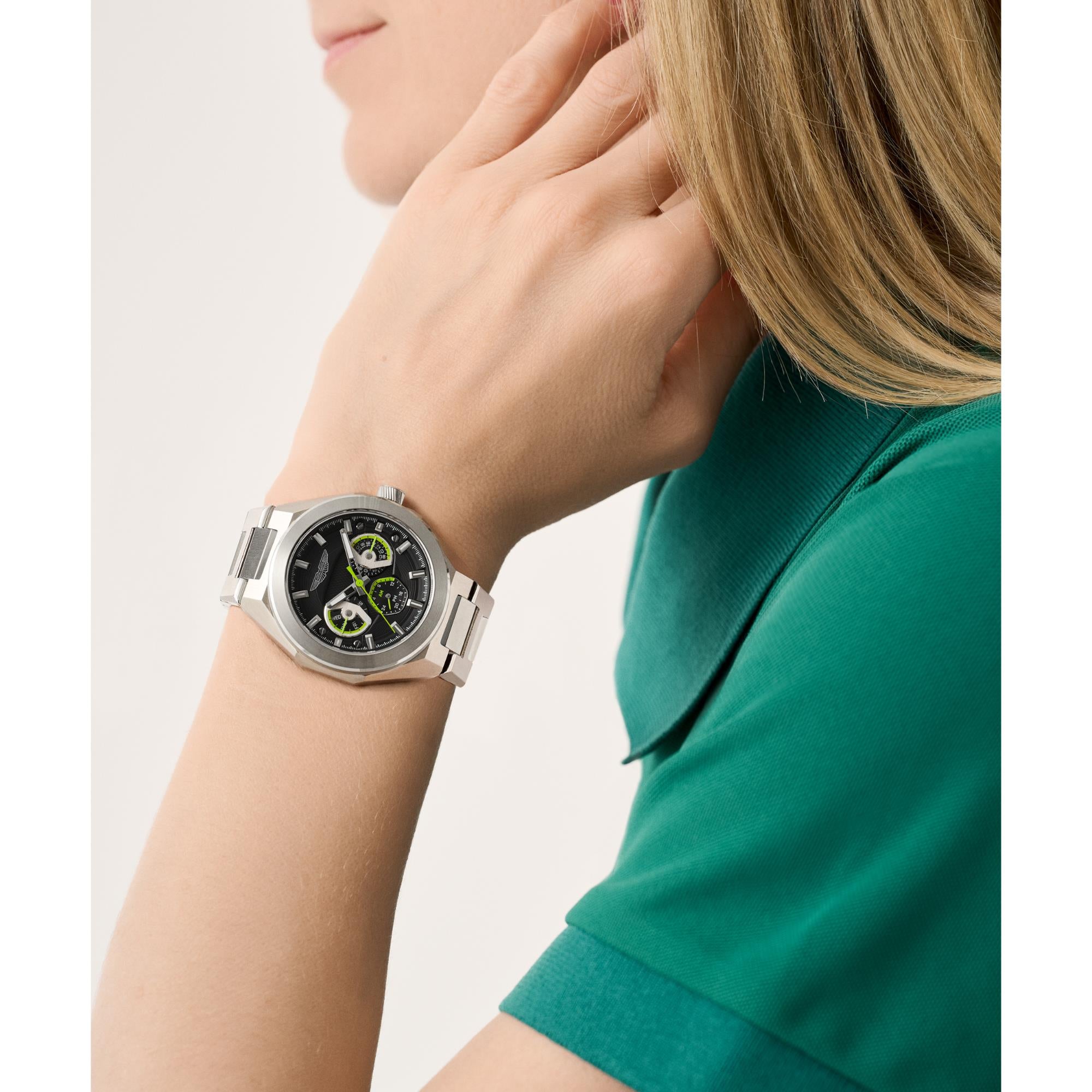 Aston Martin AML Thrill Quartz Chronograph Black Dial Steel Strap Unisex Watch MTRI1F505