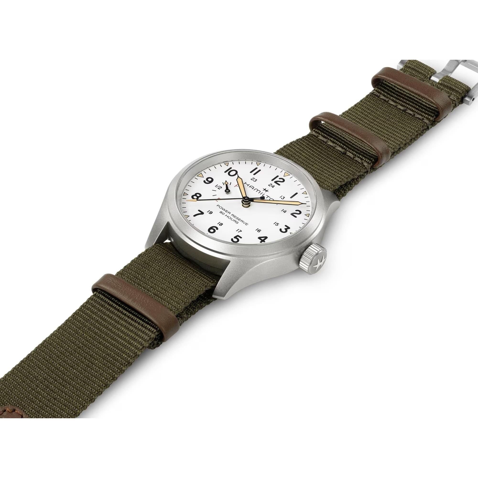 Hamilton Khaki Field Mechanical Power Reserve White Dial NATO Strap Men's Watch H69509910