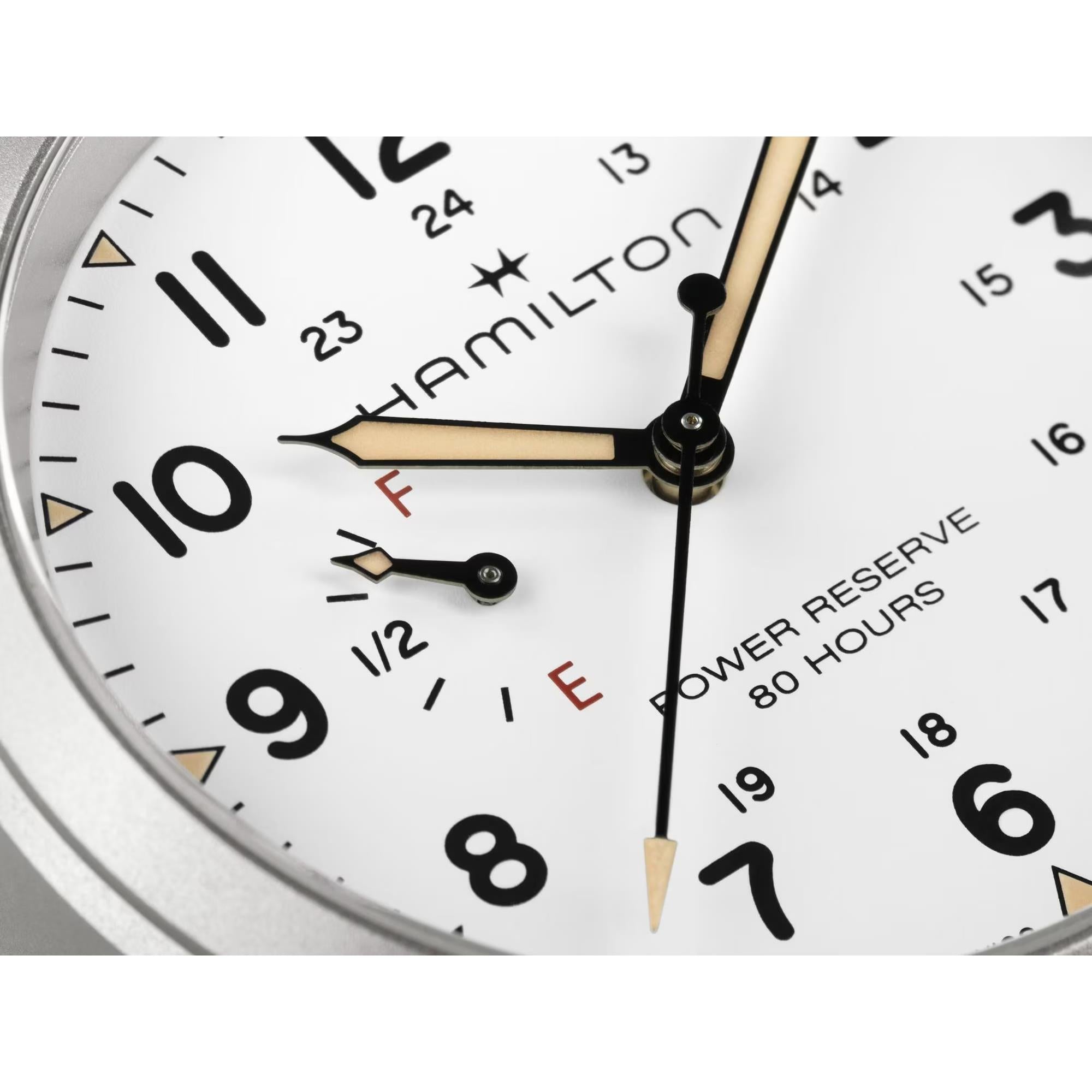 Hamilton Khaki Field H69509910 white dial with power reserve indicator at 9 o'clock close-up