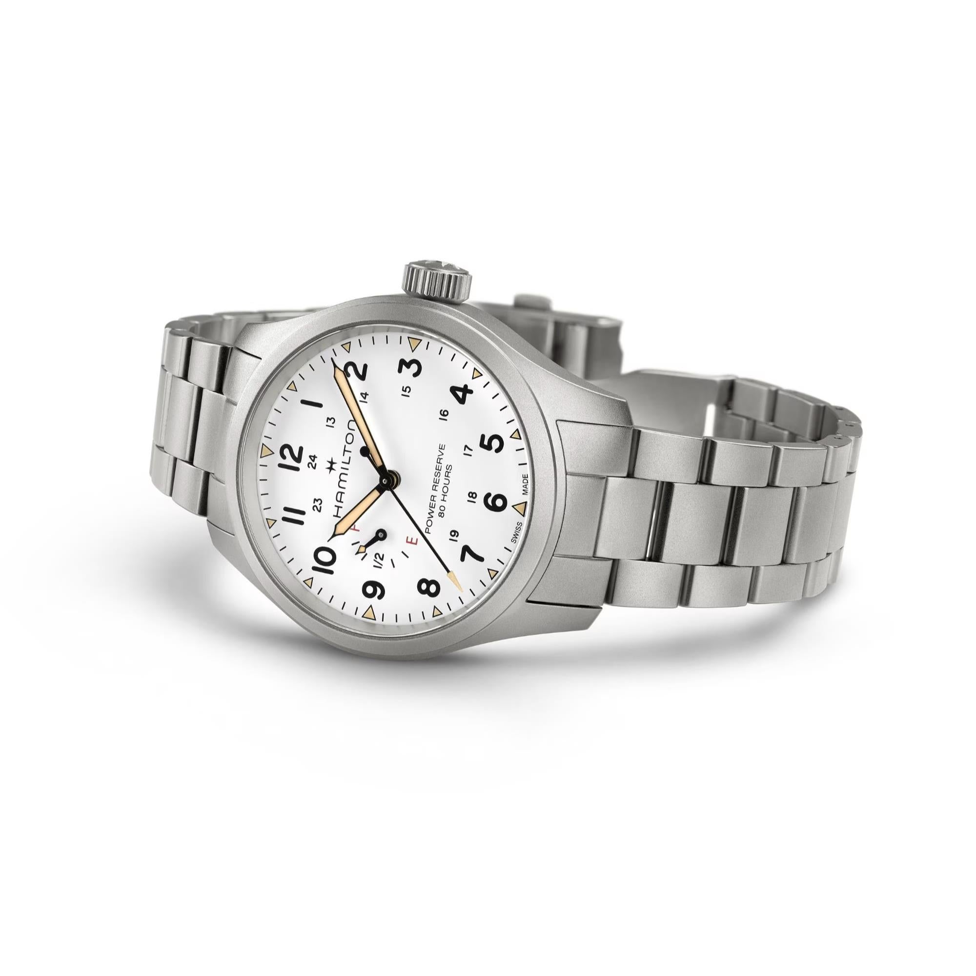 Hamilton Khaki Field Mechanical Power Reserve White Dial Steel Strap Men's Watch H69509110