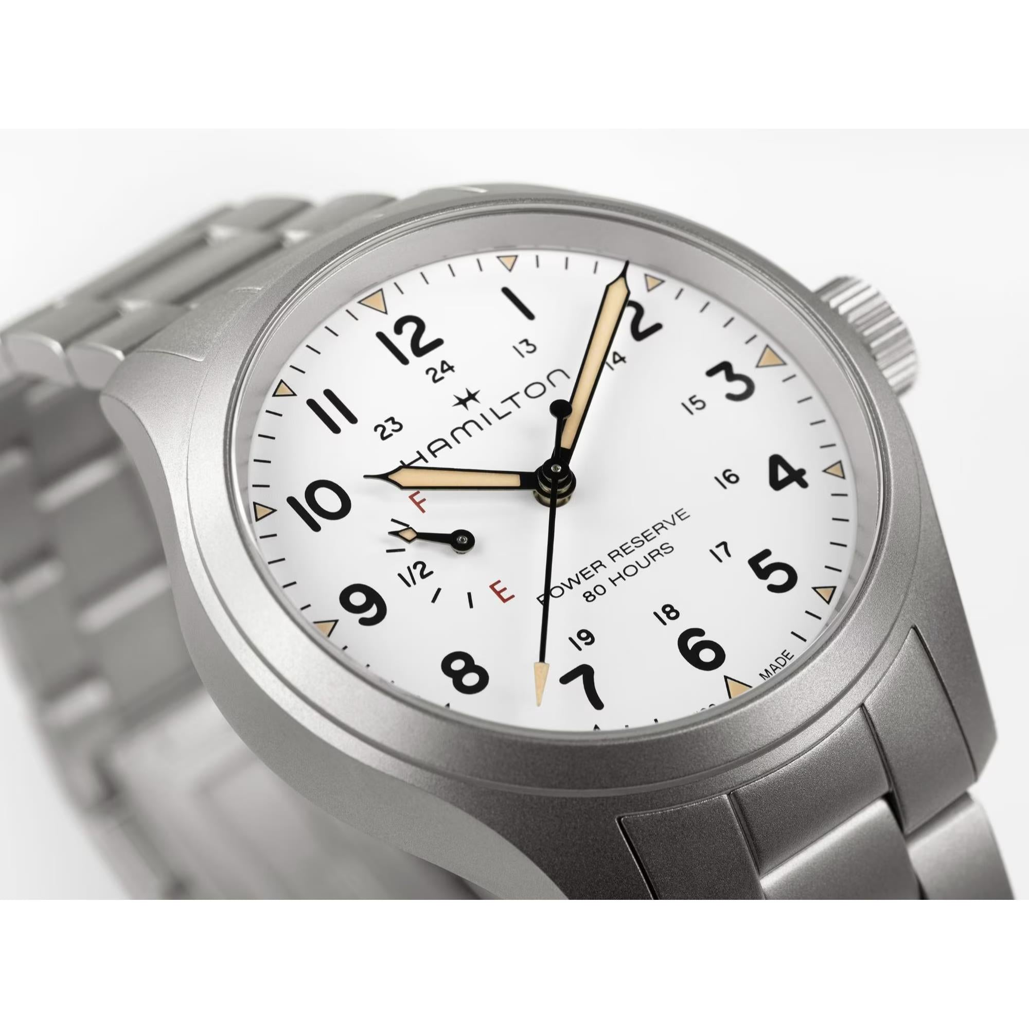 Hamilton Khaki Field Mechanical Power Reserve White Dial Steel Strap Men's Watch H69509110