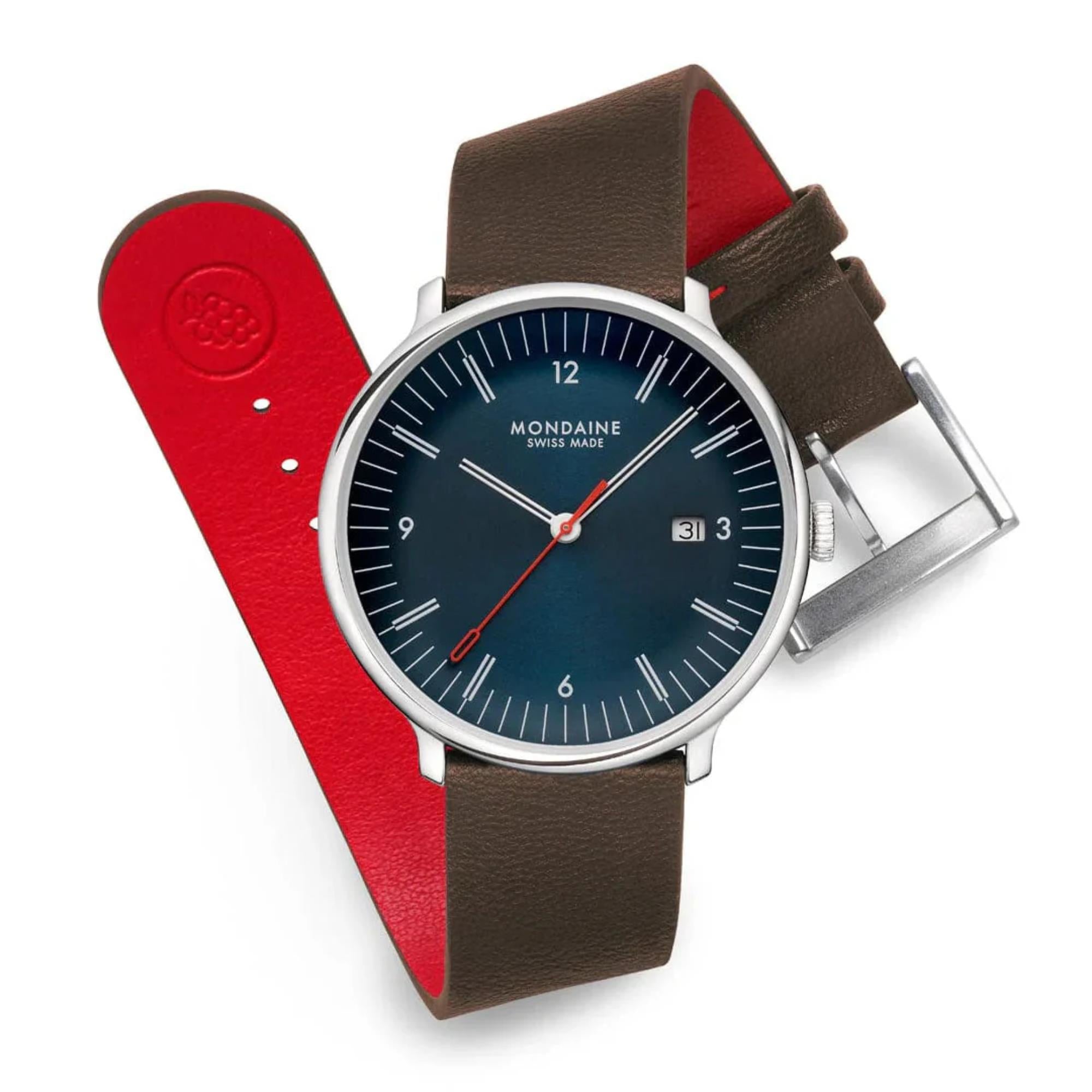 Mondaine Doppio Quartz Blue Dial Leather Strap Men's Watch MLE.41240.LGV
