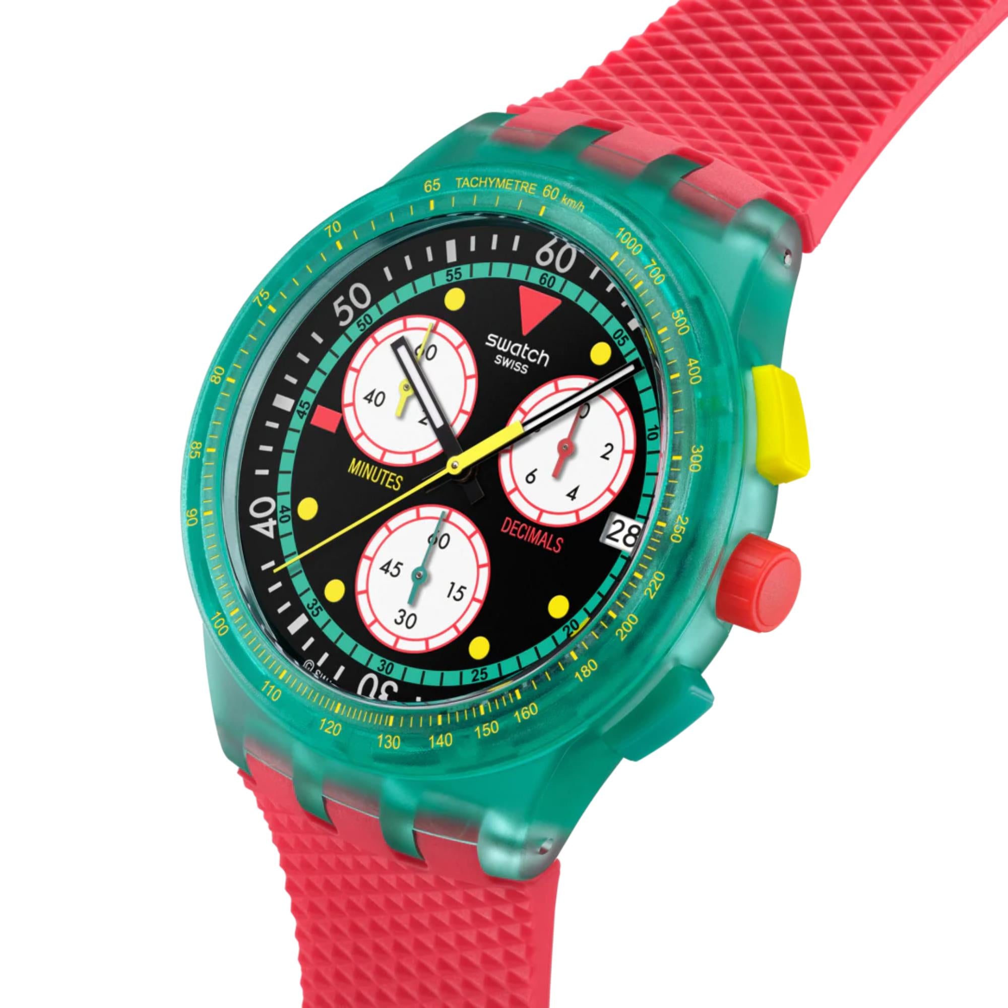 Swatch Originals Neon Emerald Chronograph Quartz Black Dial Silicone Strap Unisex Watch SUSG409