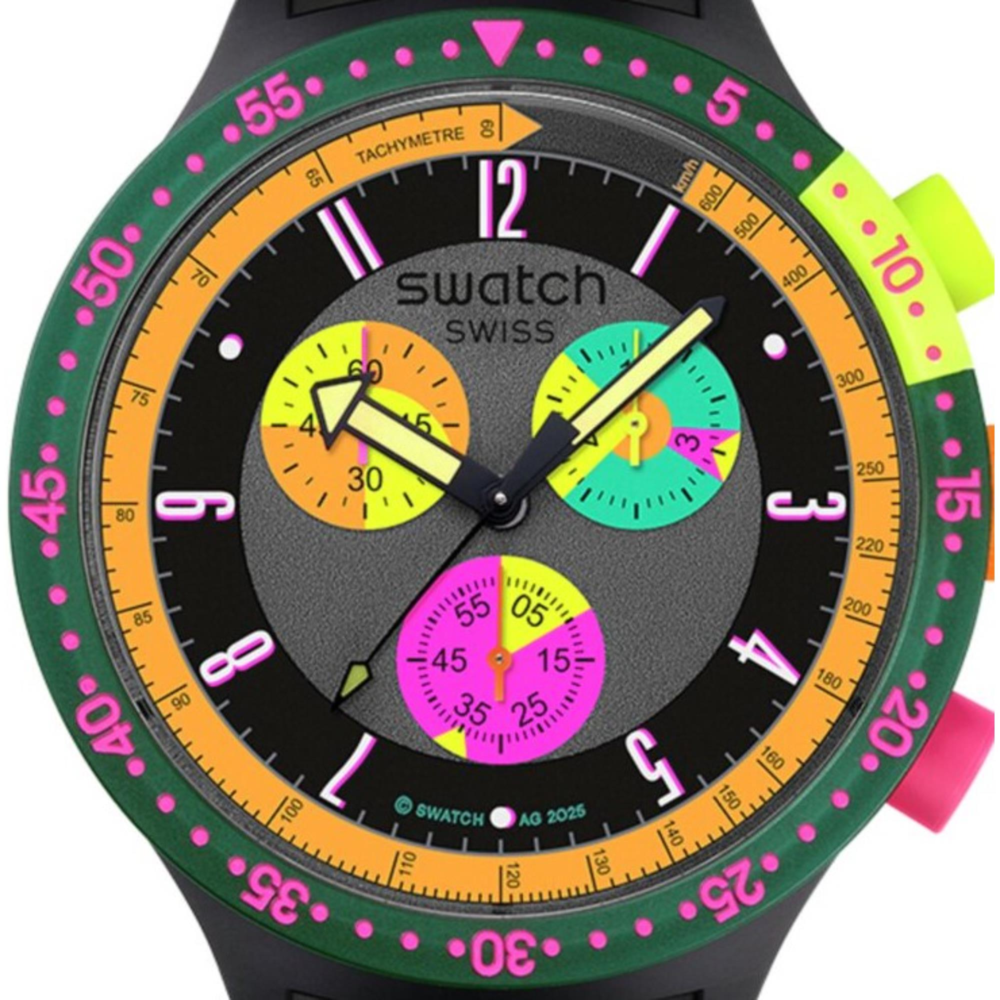 Swatch Big Bold Neon Seppia Chronograph Quartz Black Dial Silicone Strap Unisex Watch SB02B104