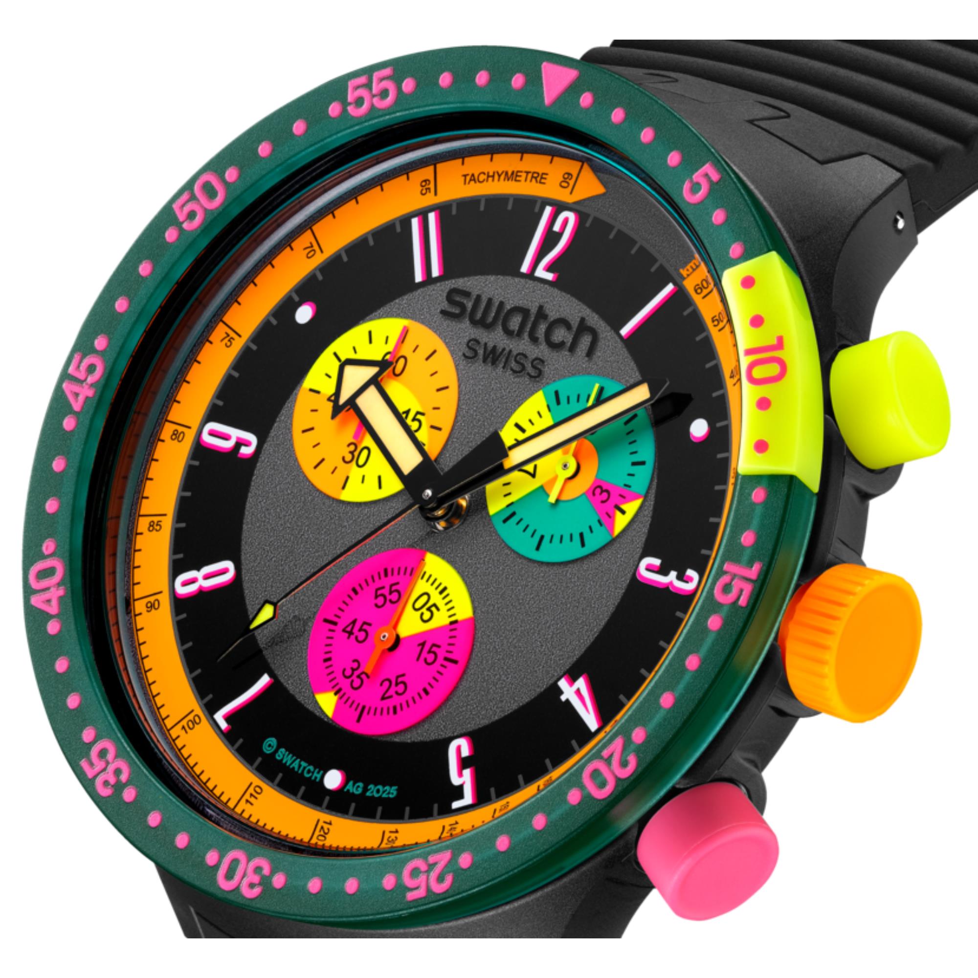 Swatch Big Bold Neon Seppia Chronograph Quartz Black Dial Silicone Strap Unisex Watch SB02B104