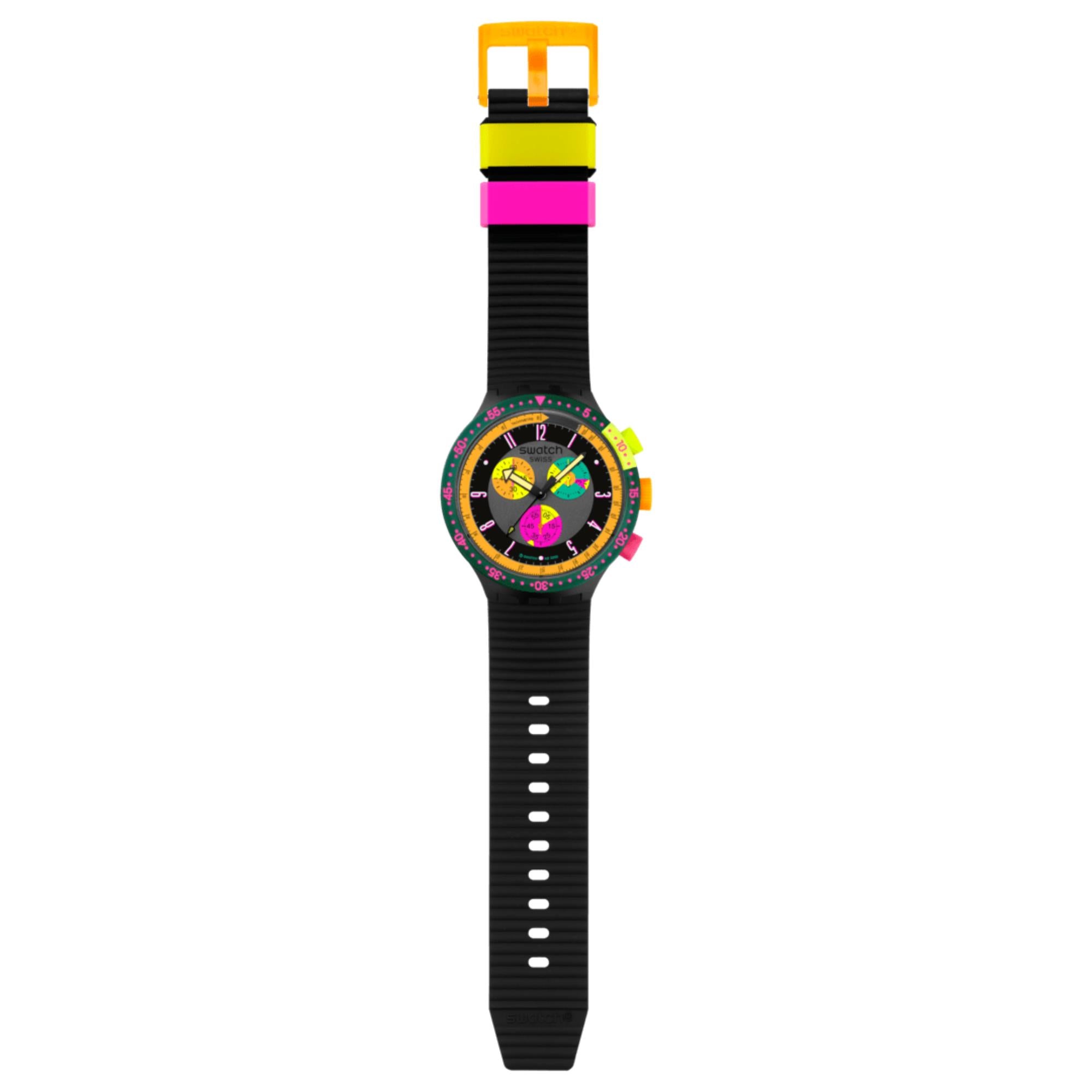 Swatch Big Bold Neon Seppia Chronograph Quartz Black Dial Silicone Strap Unisex Watch SB02B104
